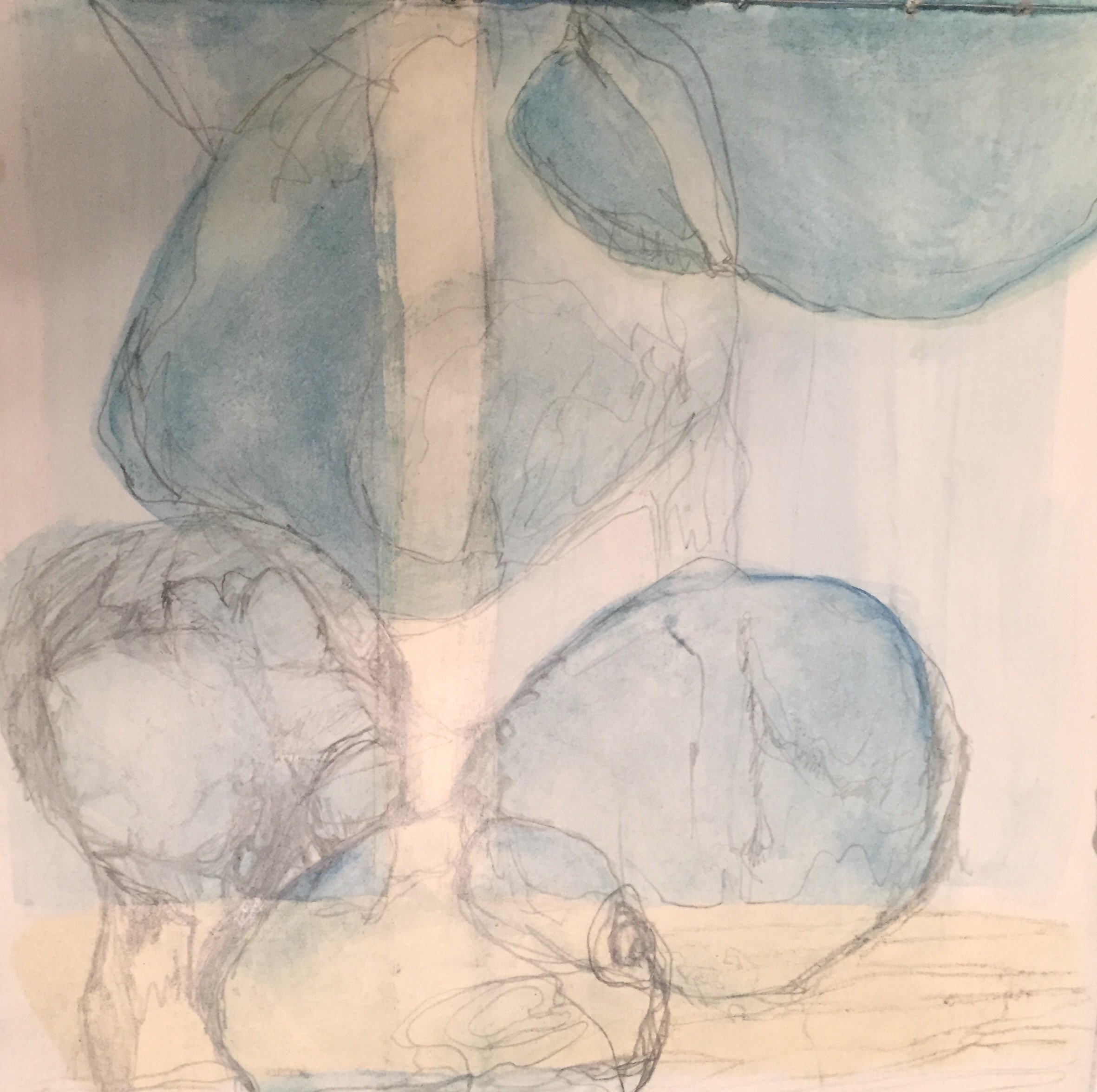 A child's rough pencil sketch on paper of a人物profile, showing hair, ear, and facial features, with some color shading in blue and beige.