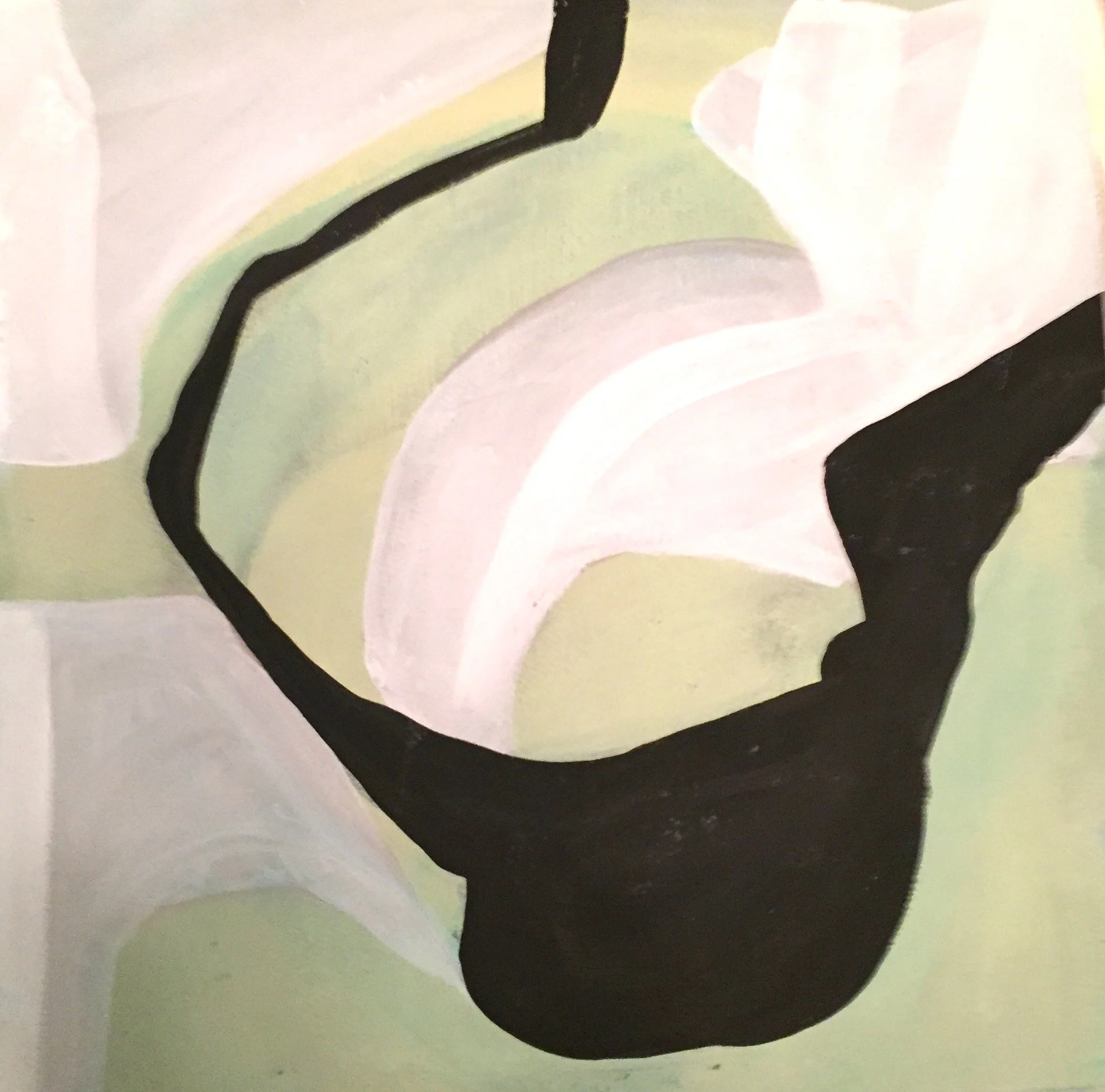 Close-up of an abstract artwork with black, pink, and light green shapes on a light background.