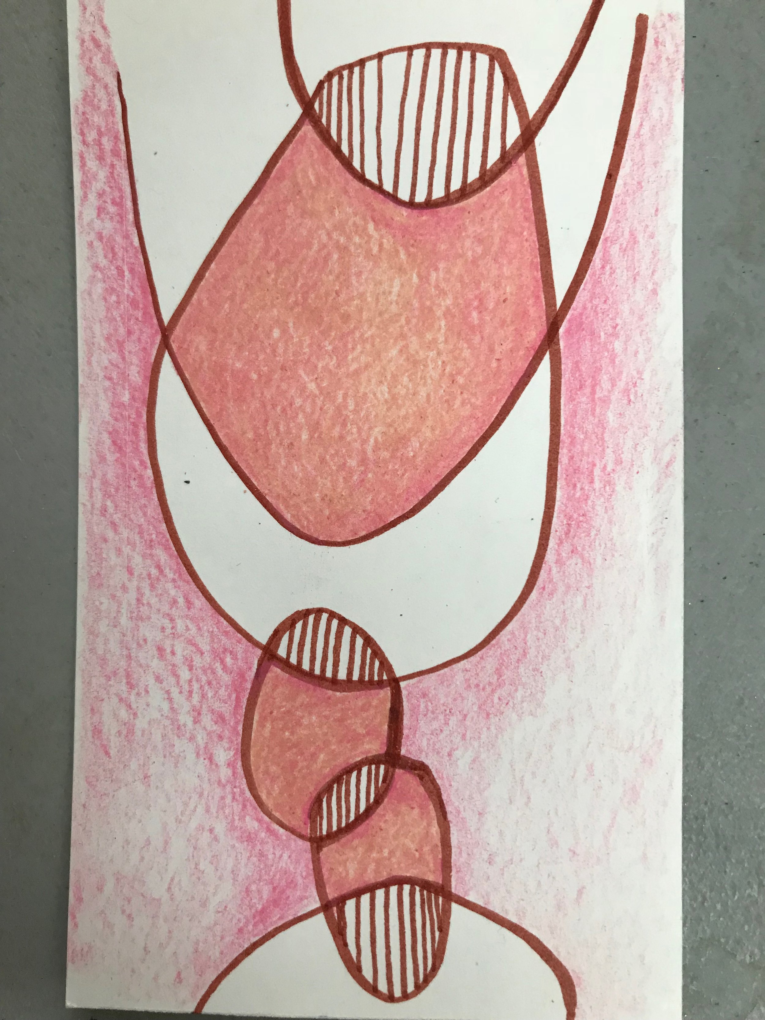Colorful hand-drawn illustration of a stack of five pink wine glasses with shading, outlined in brown, on a pink textured background.