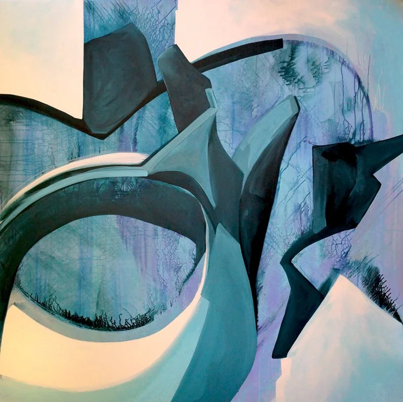Abstract painting with shades of blue, black, and white featuring geometric shapes and distorted reflections of a swimming pool.