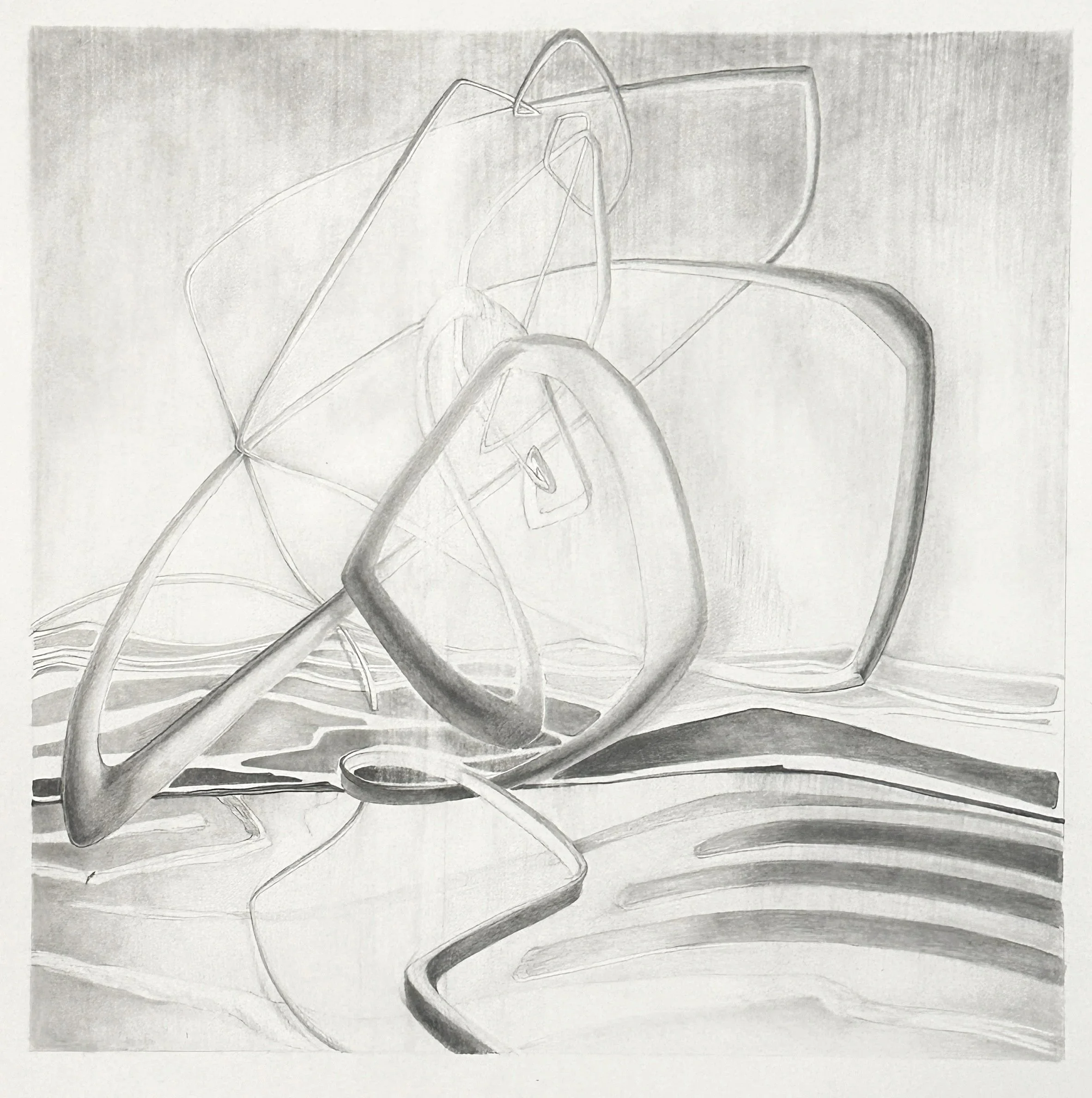 Abstract landscape drawing outlined in pencil on textured paper.