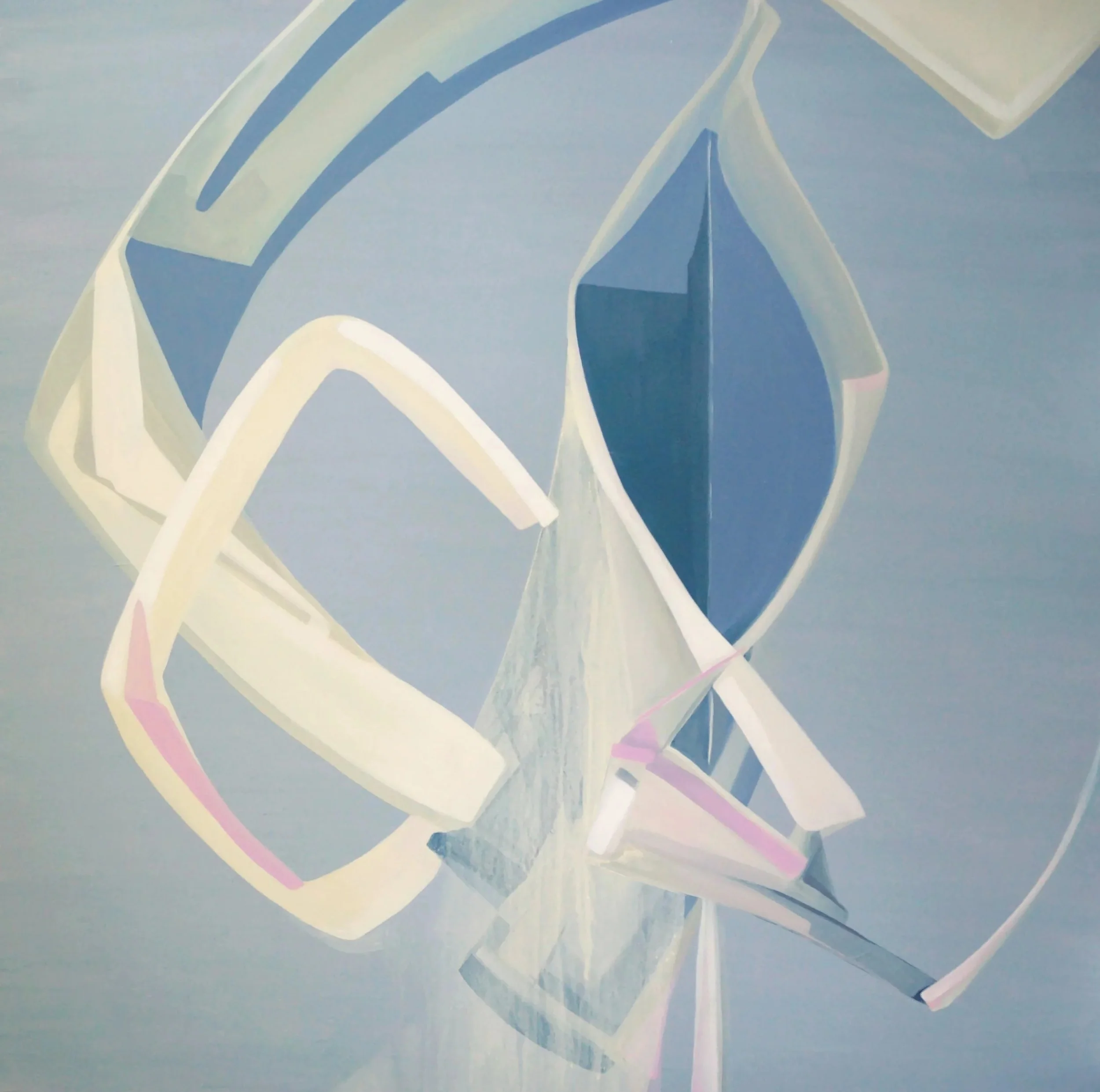 An abstract artwork with swirling shapes and lines in shades of white, pink, blue, gray, and purple on a light blue background.
