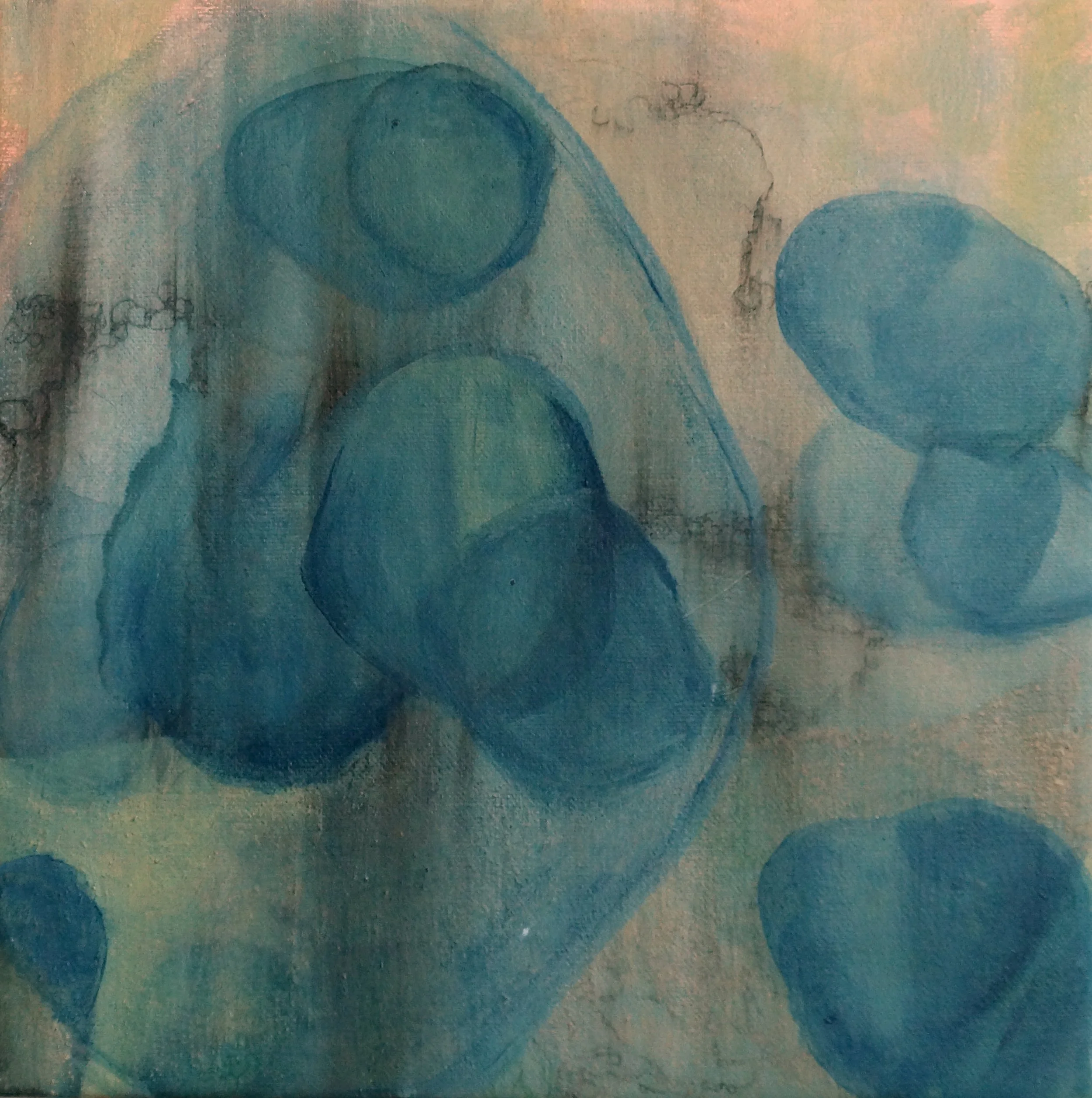 Close-up of a blue and green abstract watercolor painting with circular shapes and soft background colors.