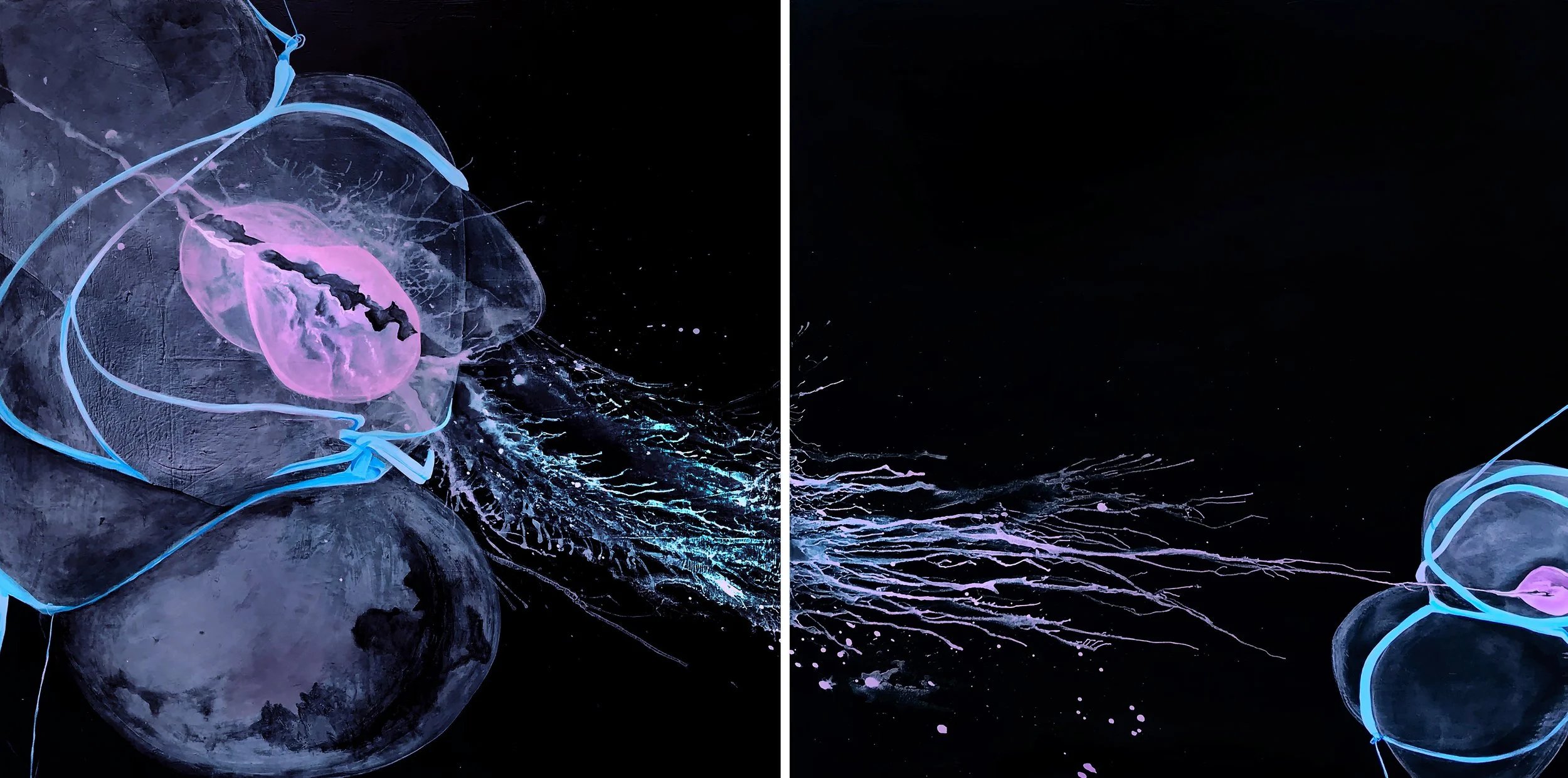 Separated but Not Disconnected, 60x120 (diptych), Acrylic on Canvas 2018
This painting was created in response to the family separations at the border. The ice blue cords pull them apart, but their love stays connected. 