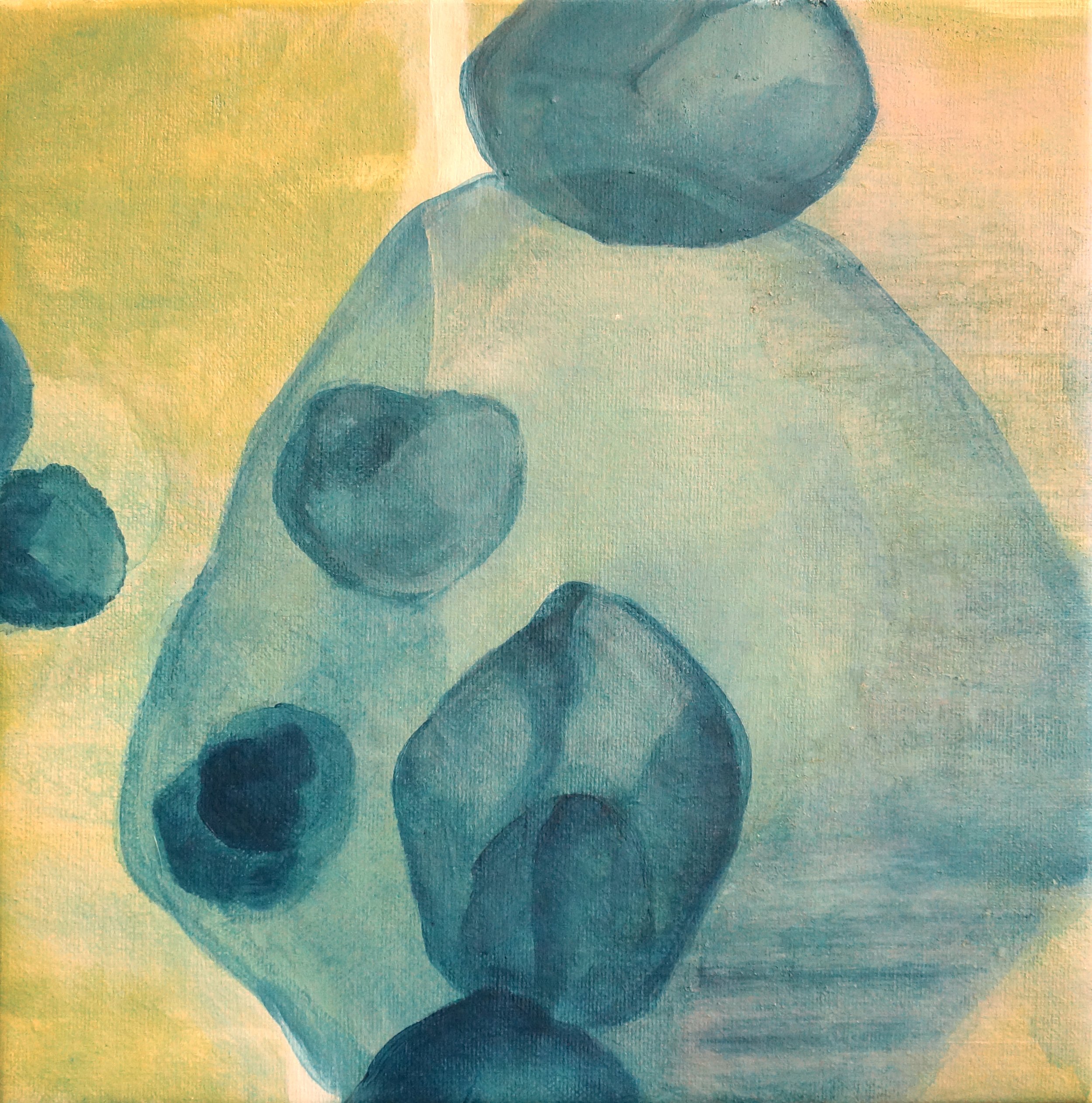 Abstract watercolor painting of circular shapes in shades of blue arranged vertically against a gradient yellow-green background.