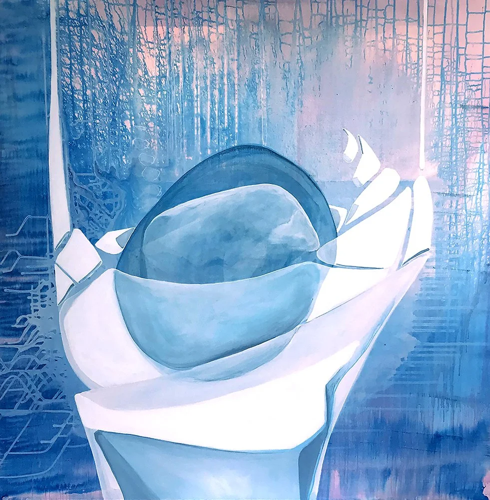 An abstract painting with a light blue background and drips of pinks and blues.