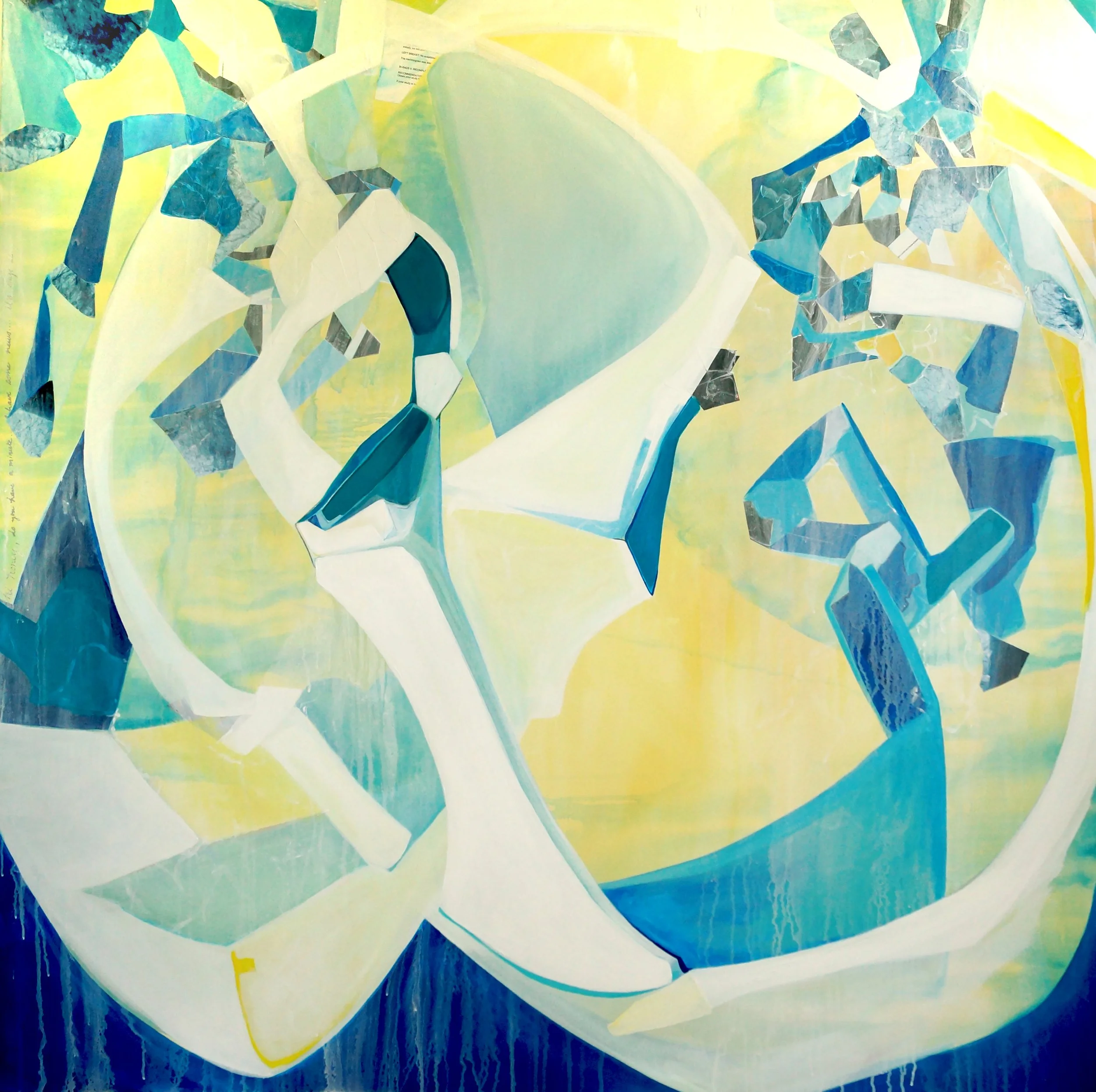 Abstract painting with shades of blue, yellow, and white, featuring collage-like geometric shapes.