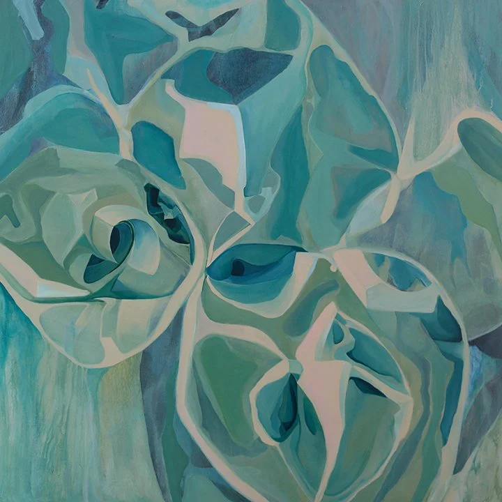 An abstract painting of a rose with shades of blue, green, and teal.