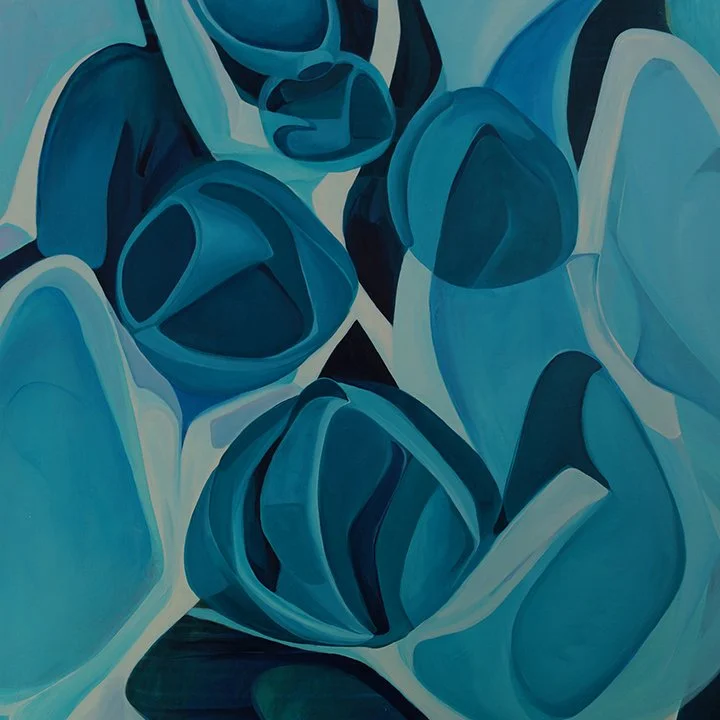 Abstract painting with shades of blue and white, featuring rounded shapes and overlapping forms.