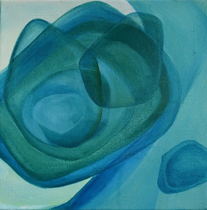 Abstract painting with layered shades of blue and green, forming a swirling, rounded shape.