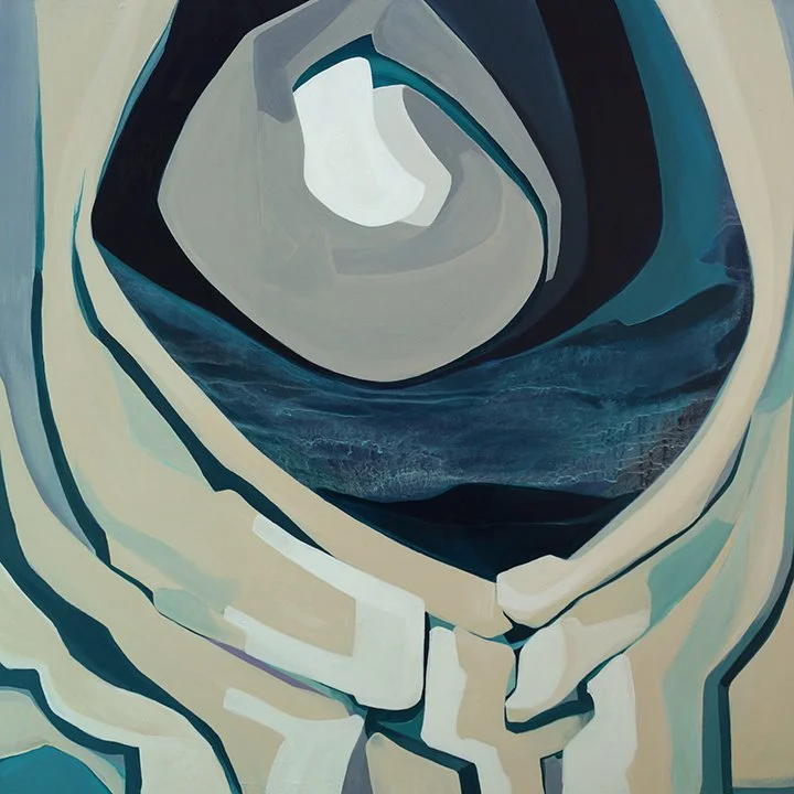 Abstract close-up of a white rose with shades of blue and gray in a stylized, artistic painting style.