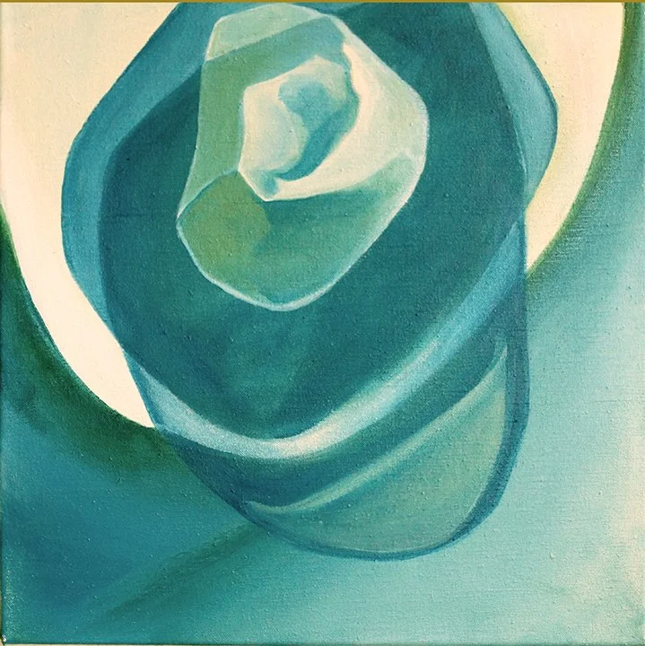 Close-up of a teal and white rose in a stylized painting.