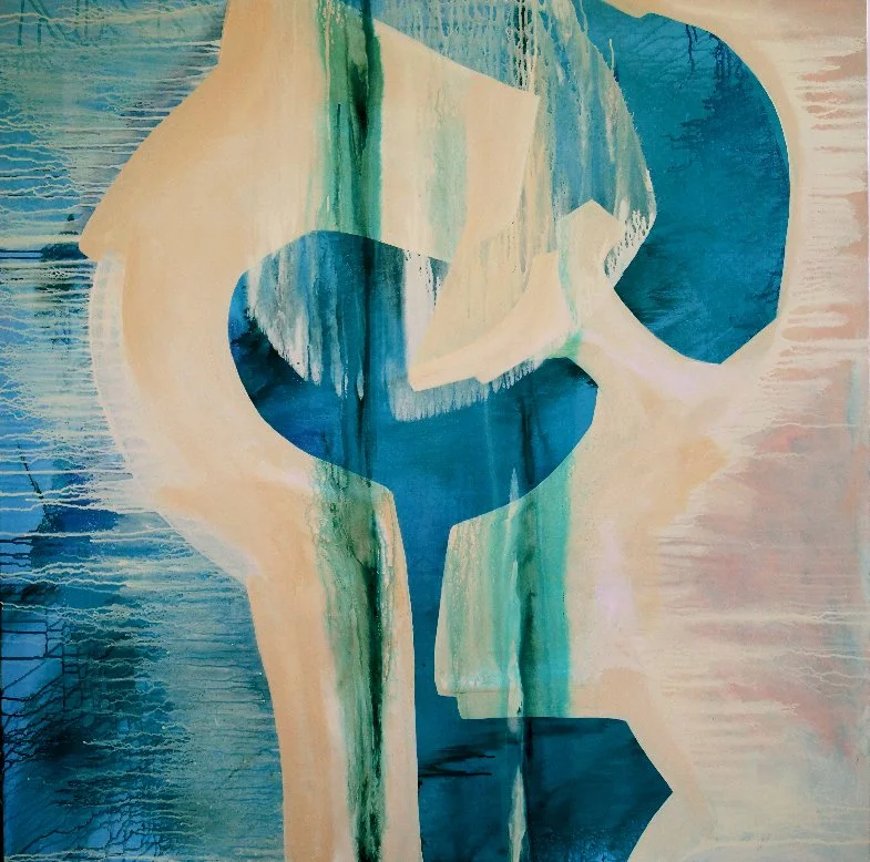 Abstract watercolor painting featuring a stylized human face profile with shades of blue, green, and beige.