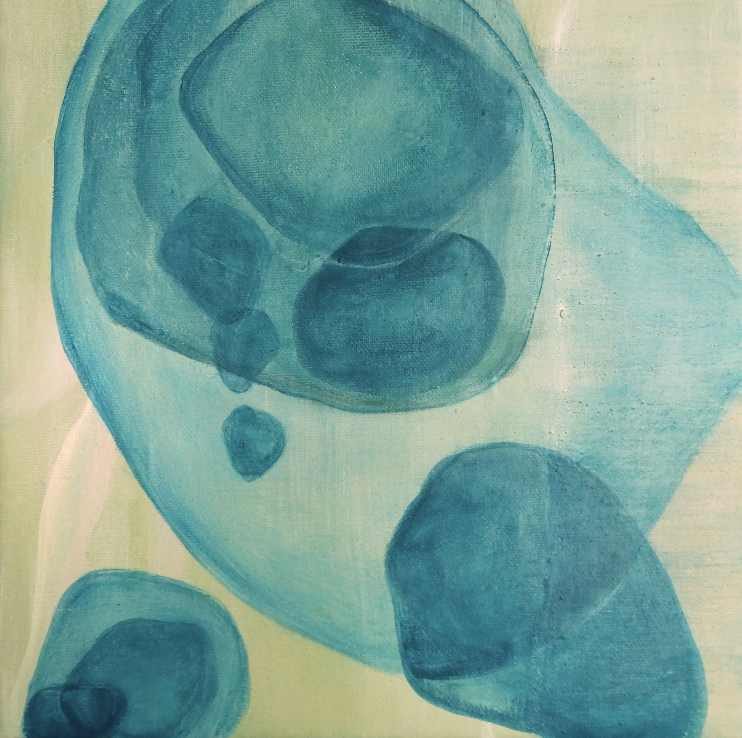 Abstract painting with shades of blue and circular shapes on a light background.