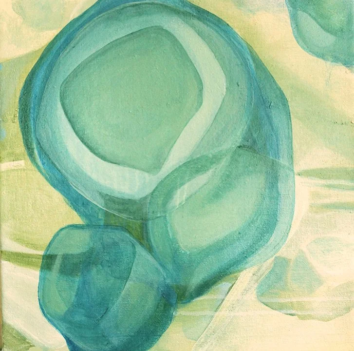 Watercolor painting of three peapods, two larger and one smaller, in shades of green and blue.