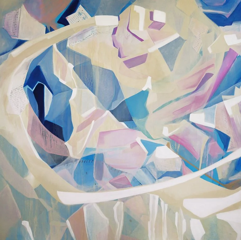 Abstract artwork featuring geometric shapes and pastel colors, primarily in shades of blue, pink, beige, and purple.