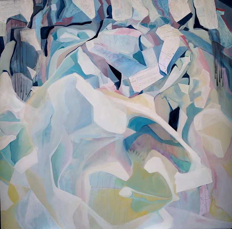 An artistic depiction of crumpled paper with notes and documents scattered among the folds.