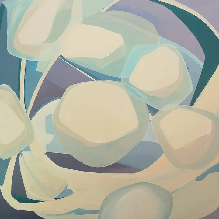 Abstract painting featuring rounded shapes in shades of white, cream, and pale green with blue and purple accents.