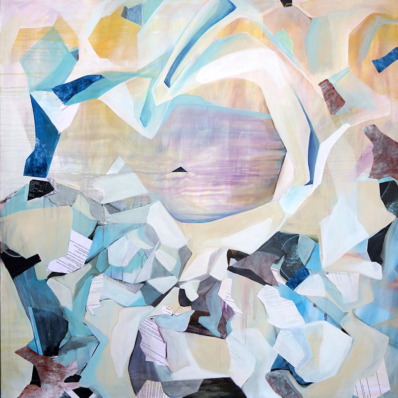 Abstract artwork in pastel colors with torn paper, resembling a portrait of a woman reading a book.
