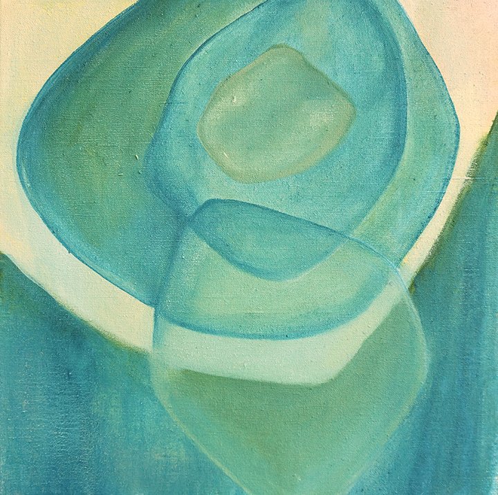 Abstract painting with overlapping shapes in shades of blue, green, and teal.