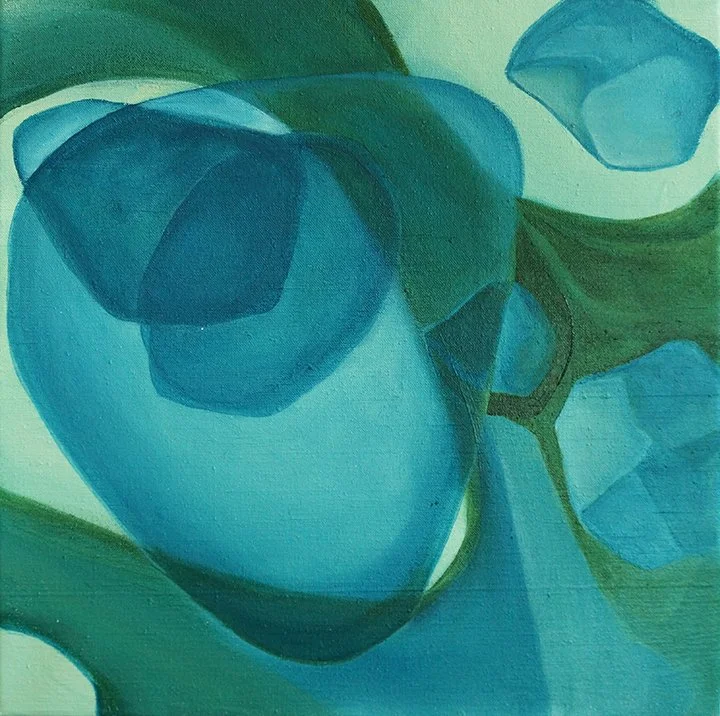 Abstract painting of blue and green shapes resembling flowers or petals.