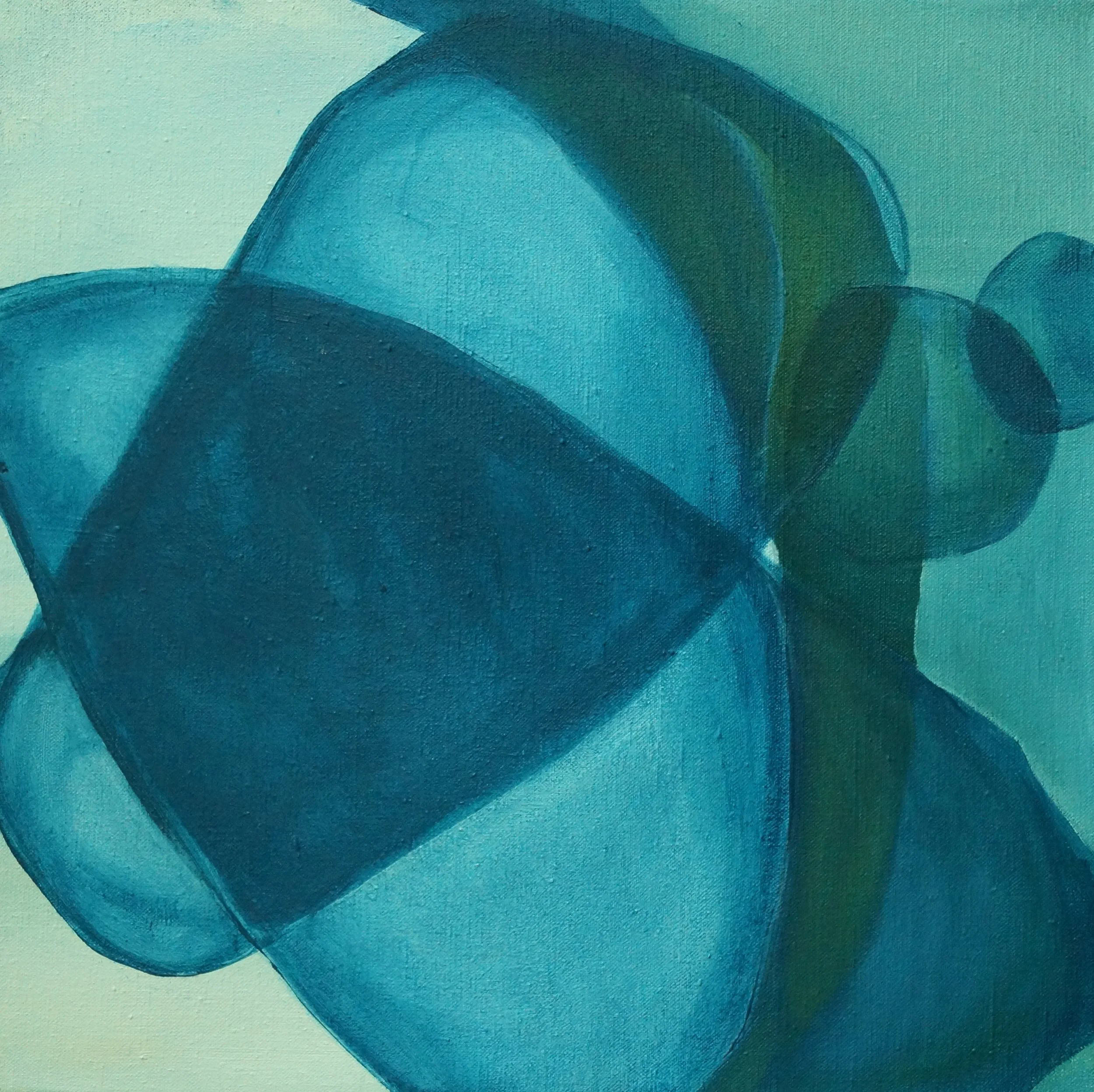 Close-up of an abstract painting with blue and teal smooth, flowing shapes on a light background