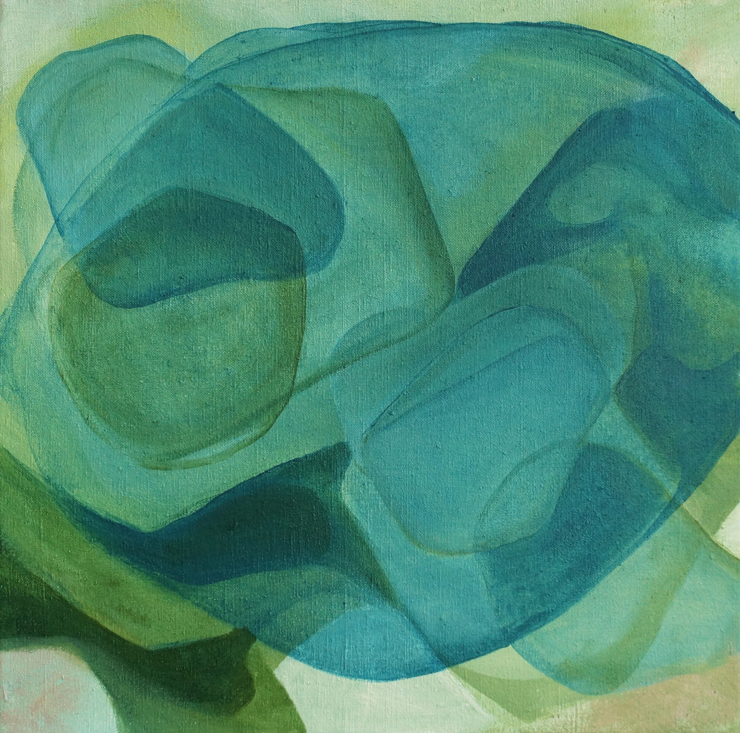 Abstract painting with wavy shapes in shades of green and blue on textured canvas.