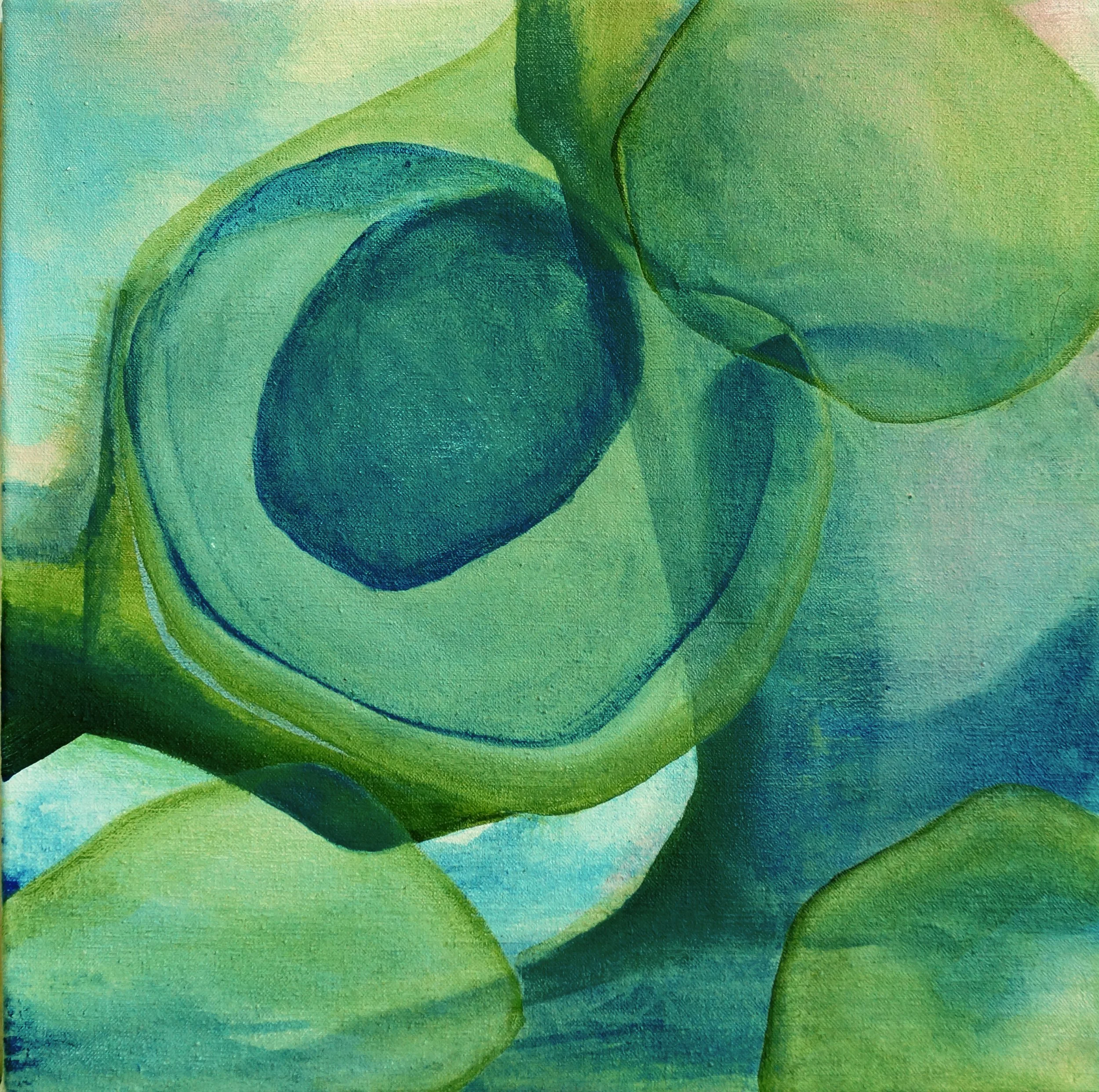 Close-up of an abstract painting with shades of green, blue, and yellow, featuring curved shapes and textured brushstrokes.