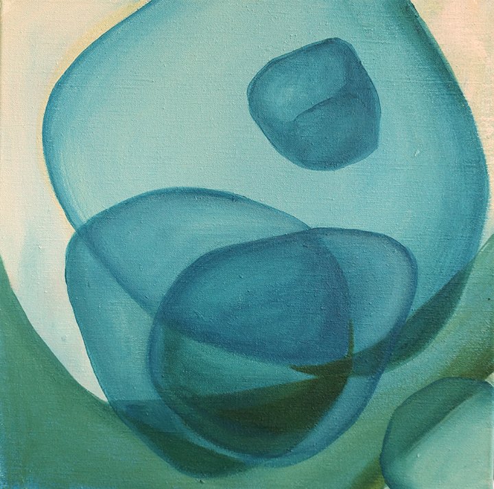 Abstract painting featuring blue and teal overlapping circular shapes on a light-colored background.