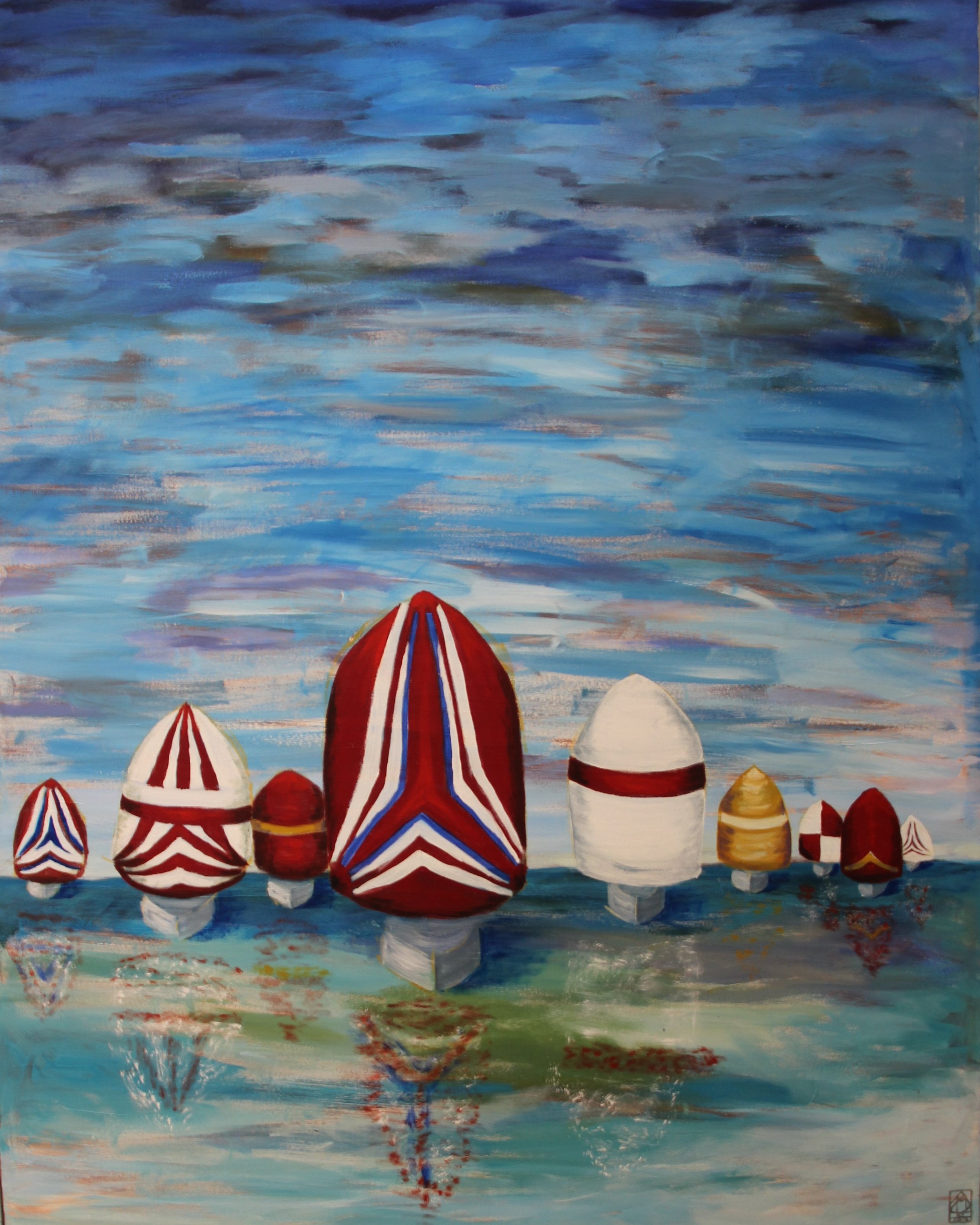 "Spinnaker Party" A painting of colorful spinnakers on the down wind leg of a ocean yacht race.
