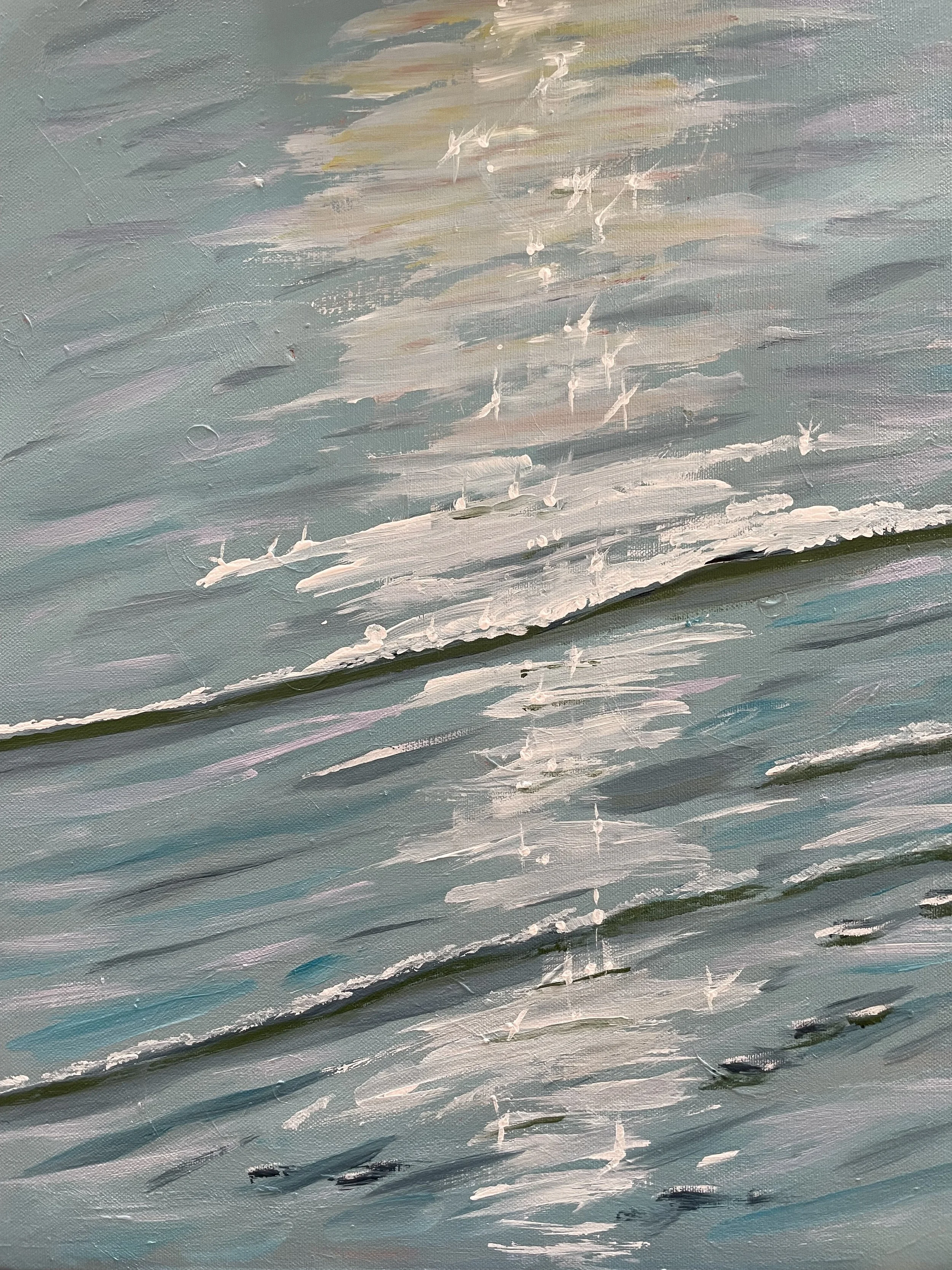"La Mer" painting of gentle ocean waves with white highlights on a blue-green sea.