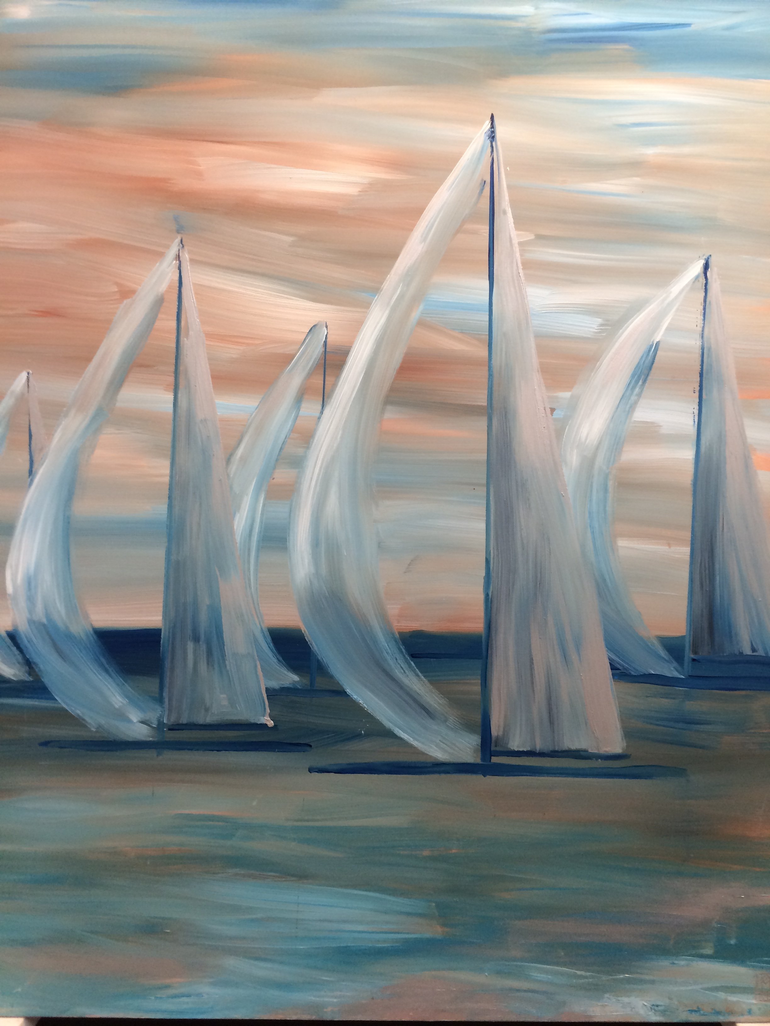 "Dawn's Dream Sail" as the sun rises white sail boats gently sail by on a blue green ocean.