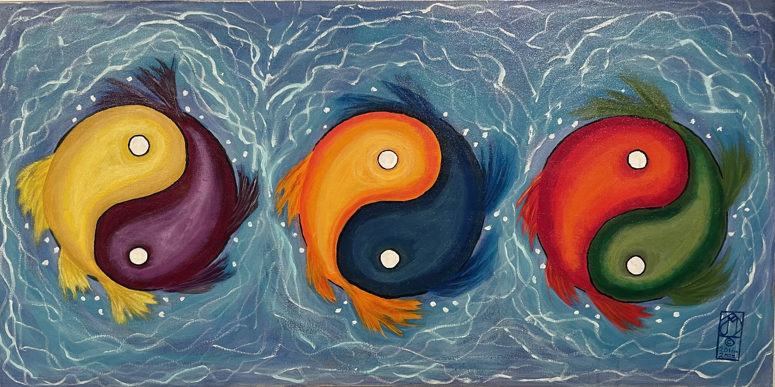 "Balancing of Opposites" Contemporary painting depicting three sets of koi fish in shades of yellow, orange, and red with yin-yang symbols inside each, swimming in a swirling blue water background.