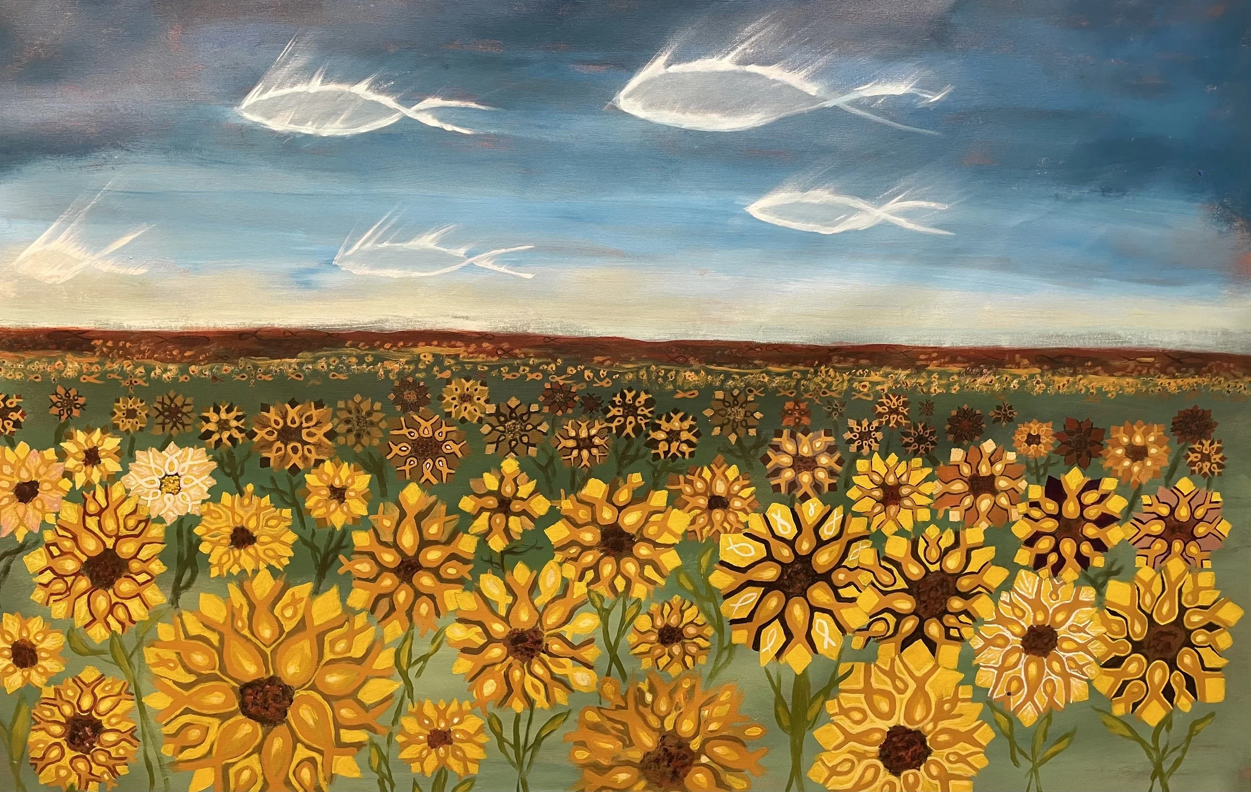 "Faithful Fish" A colorful painting of a field of yellow flowers in the foreground, with a blue sky and white fish-shaped clouds in the background. Every flower, every petal and every cloud is fish shaped.