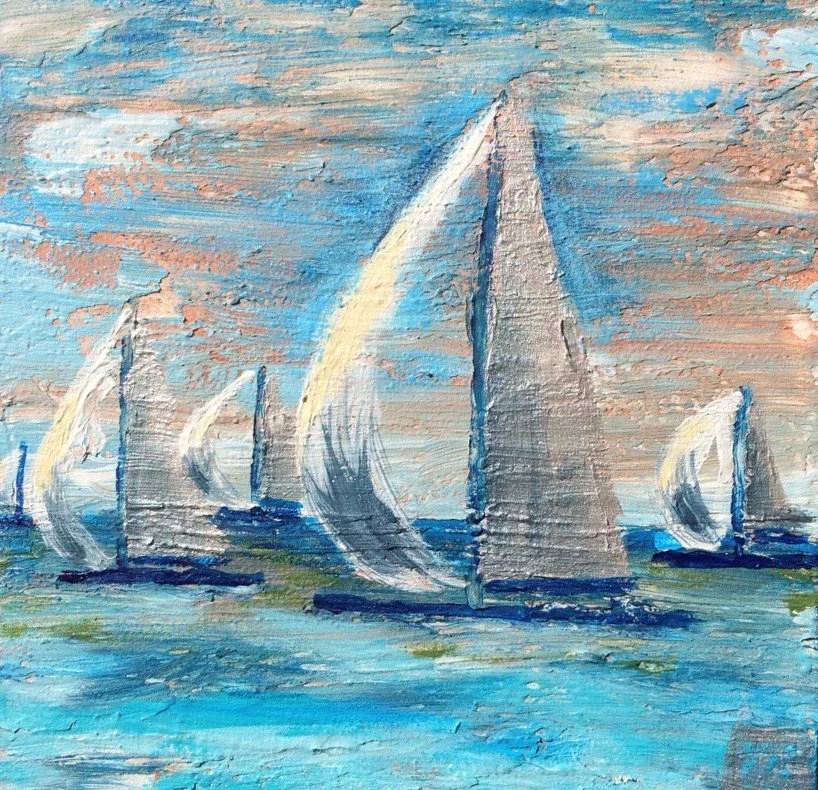 "Marina City" painting of white sailboats on the blue ocean during sunset with colorful sky.