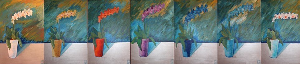 Series of seven paintings of  potted orchids, each in different color schemes on a silver table and blue green background.