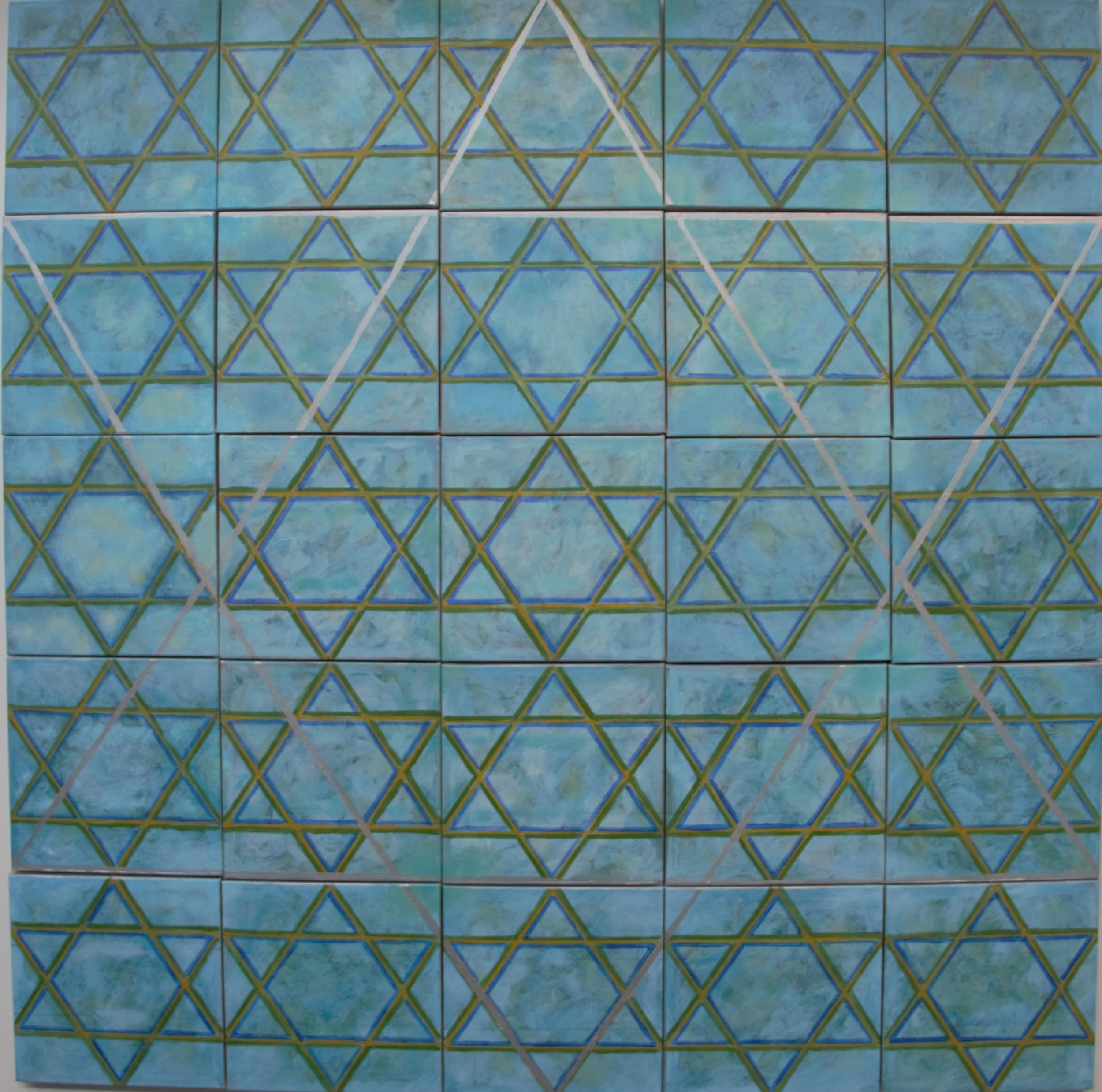 Twenty-five one foot square paintings of interlocking blue and green Star of David symbols on a blue sky-like background, with silver  and gold lines forming five feet square Stars of David on top.