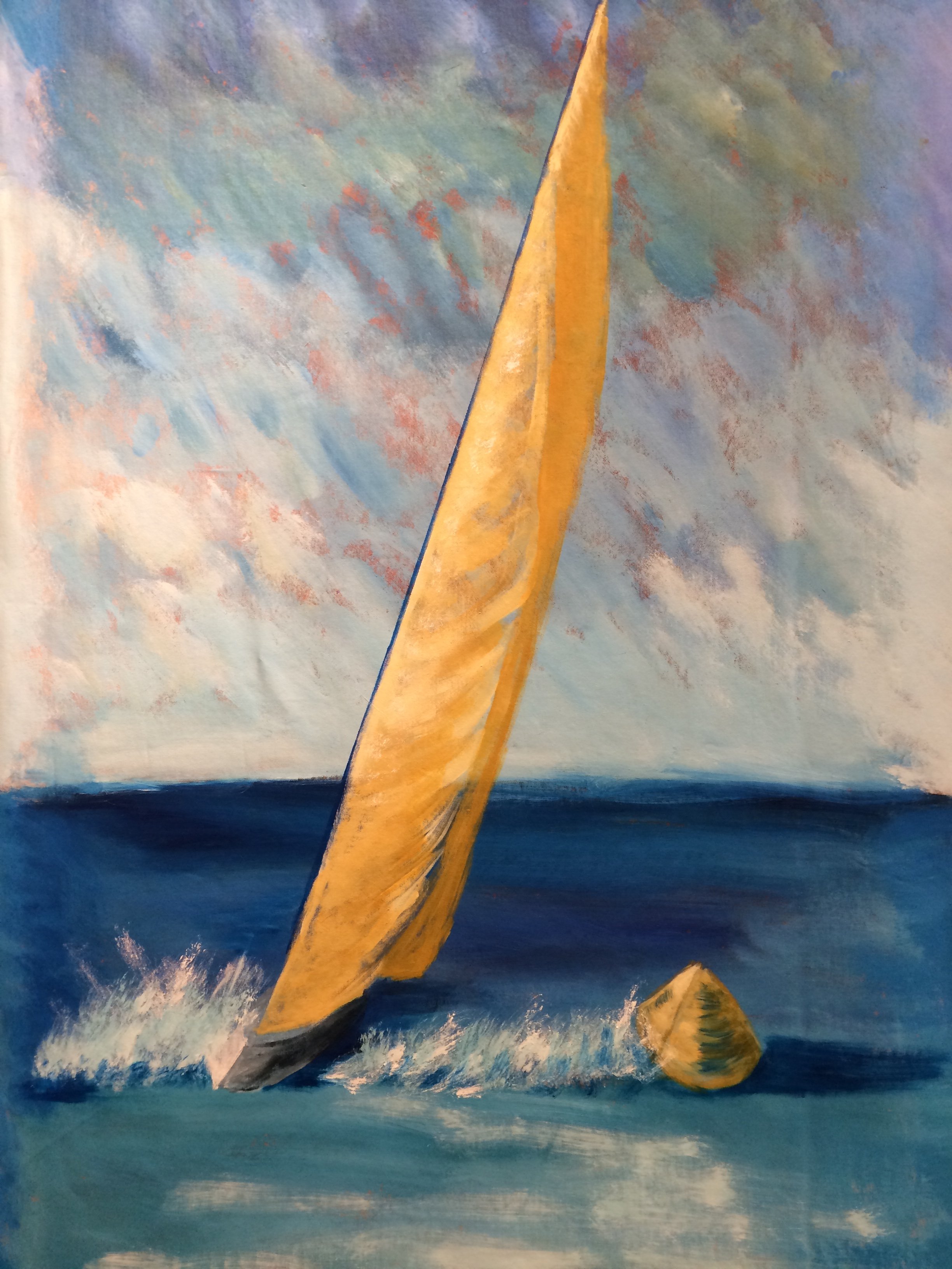 "Rounding the Mark" bold vibrant painting of a racing yacht with a yellow sail rounding a yellow racing buoy on the blue ocean.