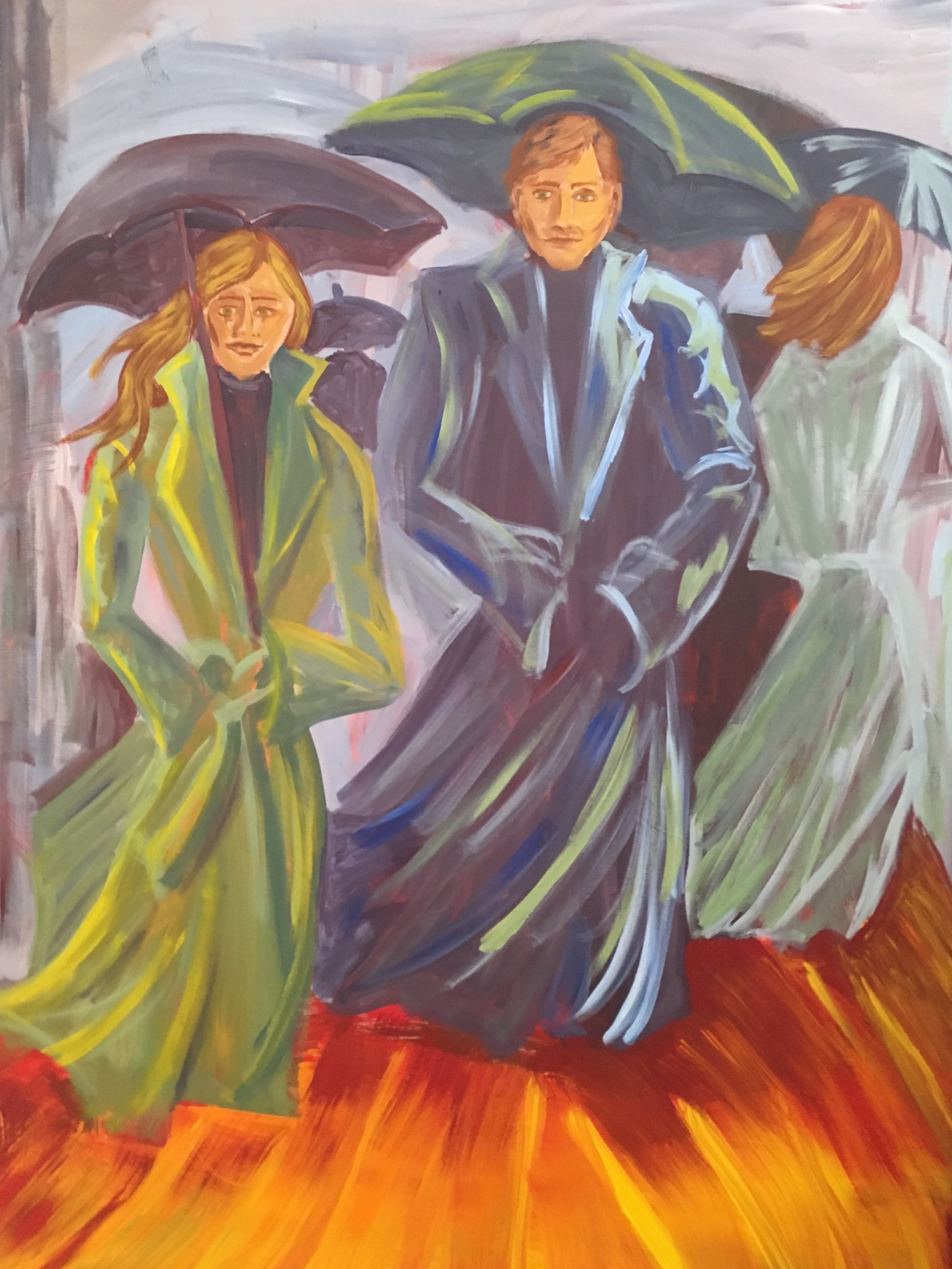 "Windy City" A contemporary painting of three people walking in the rain holding umbrellas while their coats dramatically blow in the wind, with dynamic brushstrokes and vibrant colors.