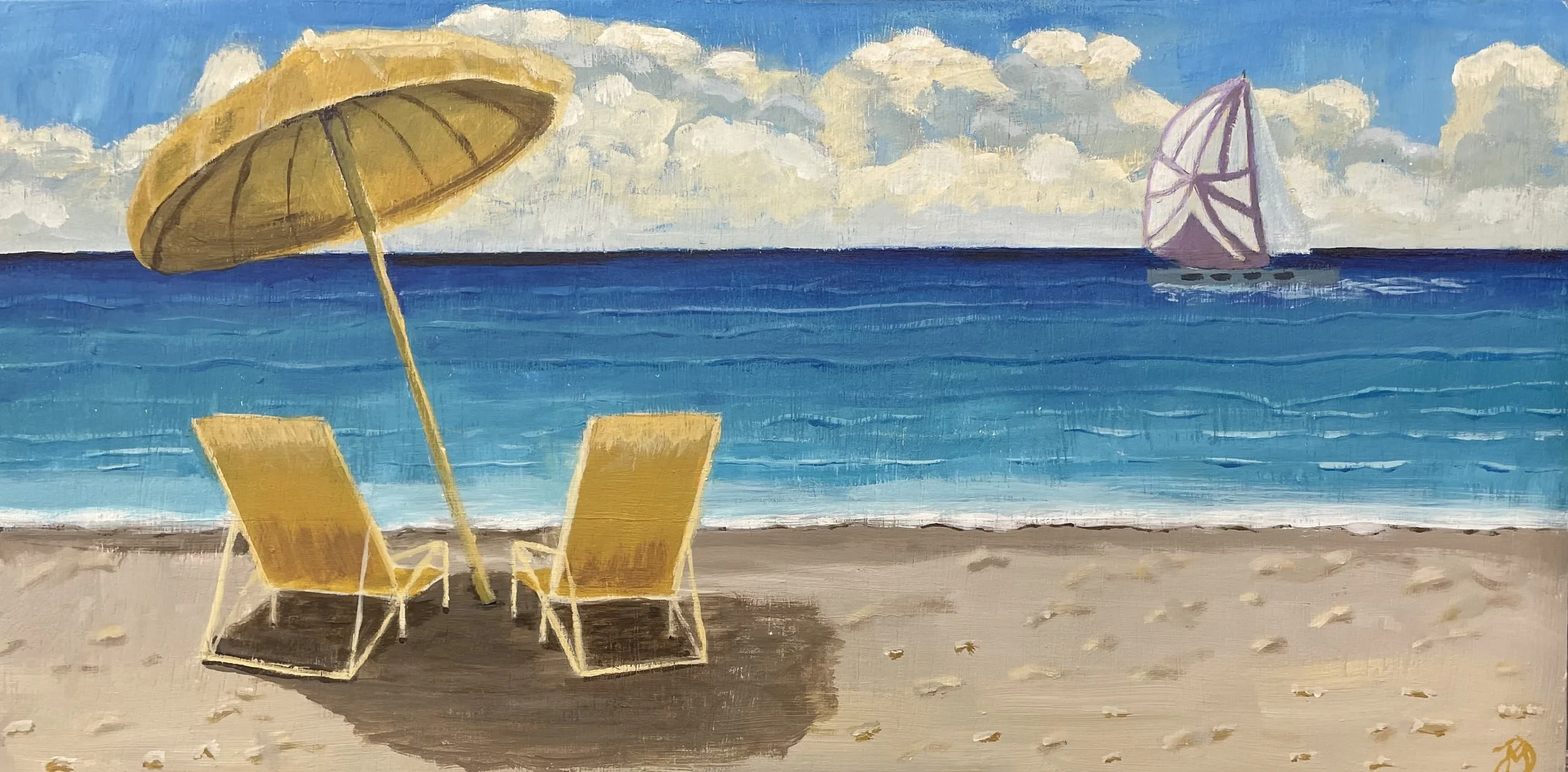 painting of beach scene with yellow umbrella and chairs by a calm blue ocean with sailboat and purple sail.