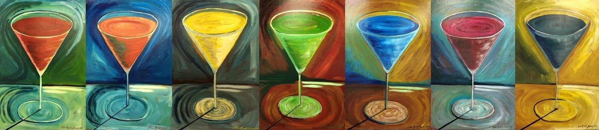 Series of seven contemporary paintings of martini glasses in different colors, each with a colorful background and matching base, resembling vibrant, stylized artwork.