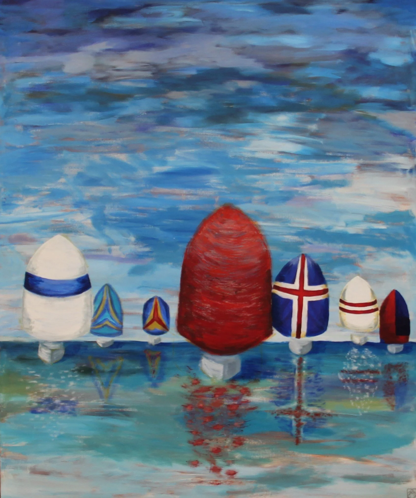 "Spinnaker Party" A painting of colorful spinnakers on the down wind leg of a ocean yacht race.