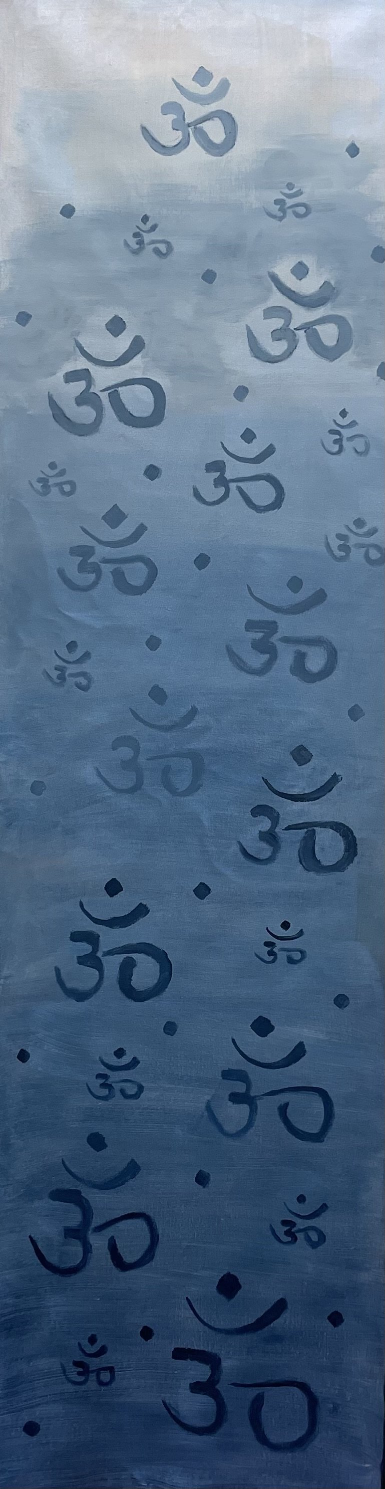Scroll of multiple 'Om' symbols painted in dark blue on a light blue gradient background.