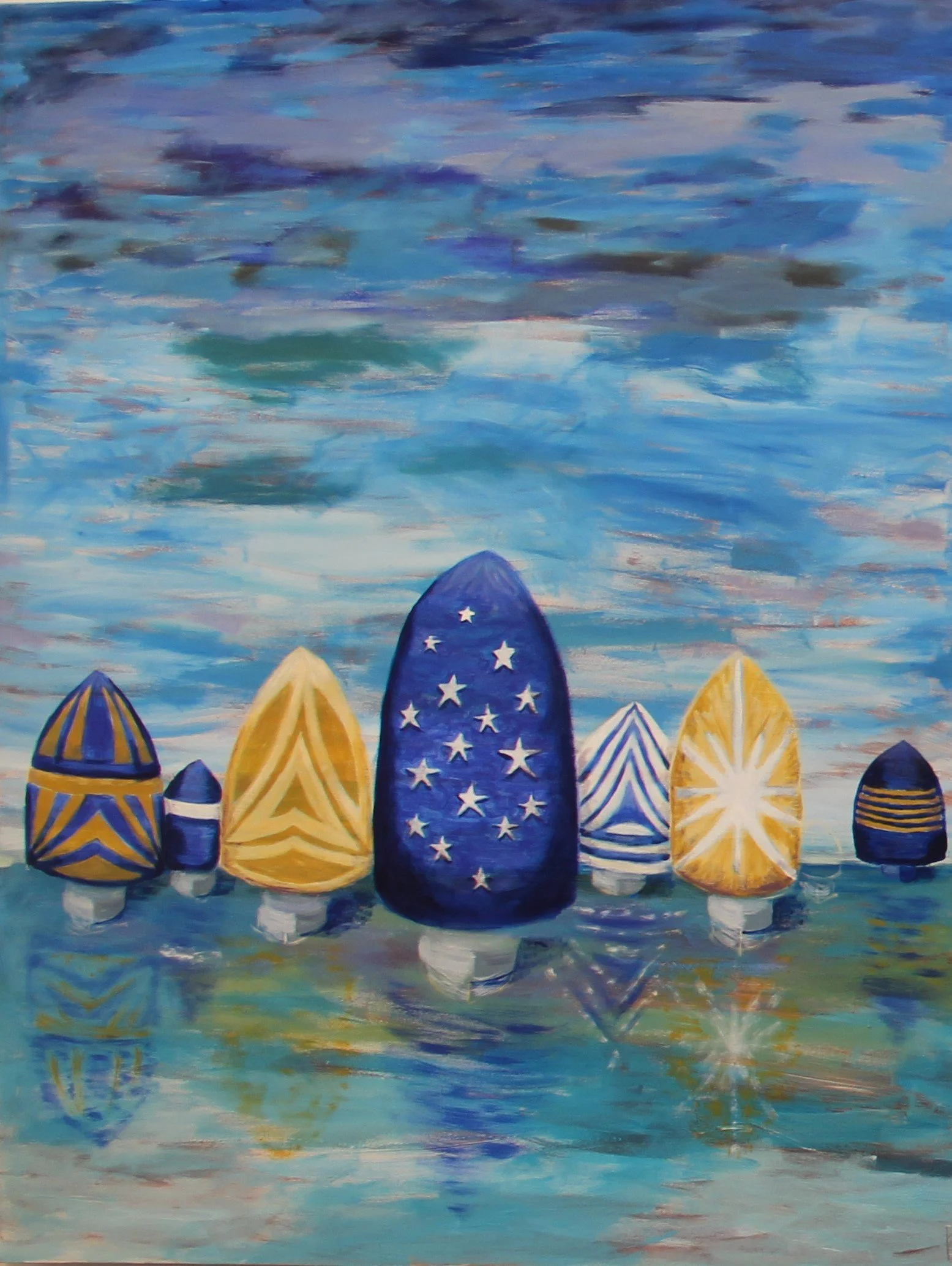 "Spinnaker Party" A painting of colorful spinnakers on the down wind leg of a ocean yacht race.