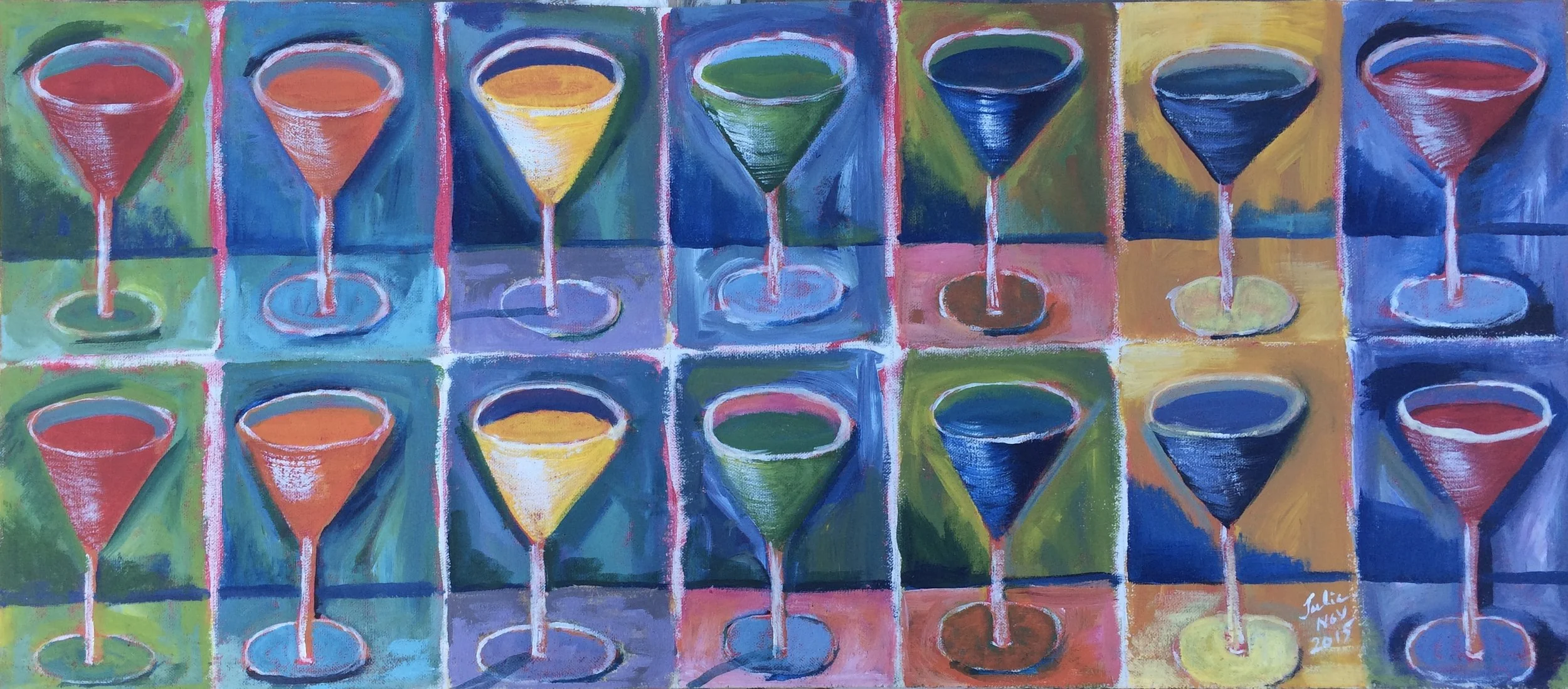 A colorful abstract painting featuring rows of martini glasses in different colors on a multicolored background.