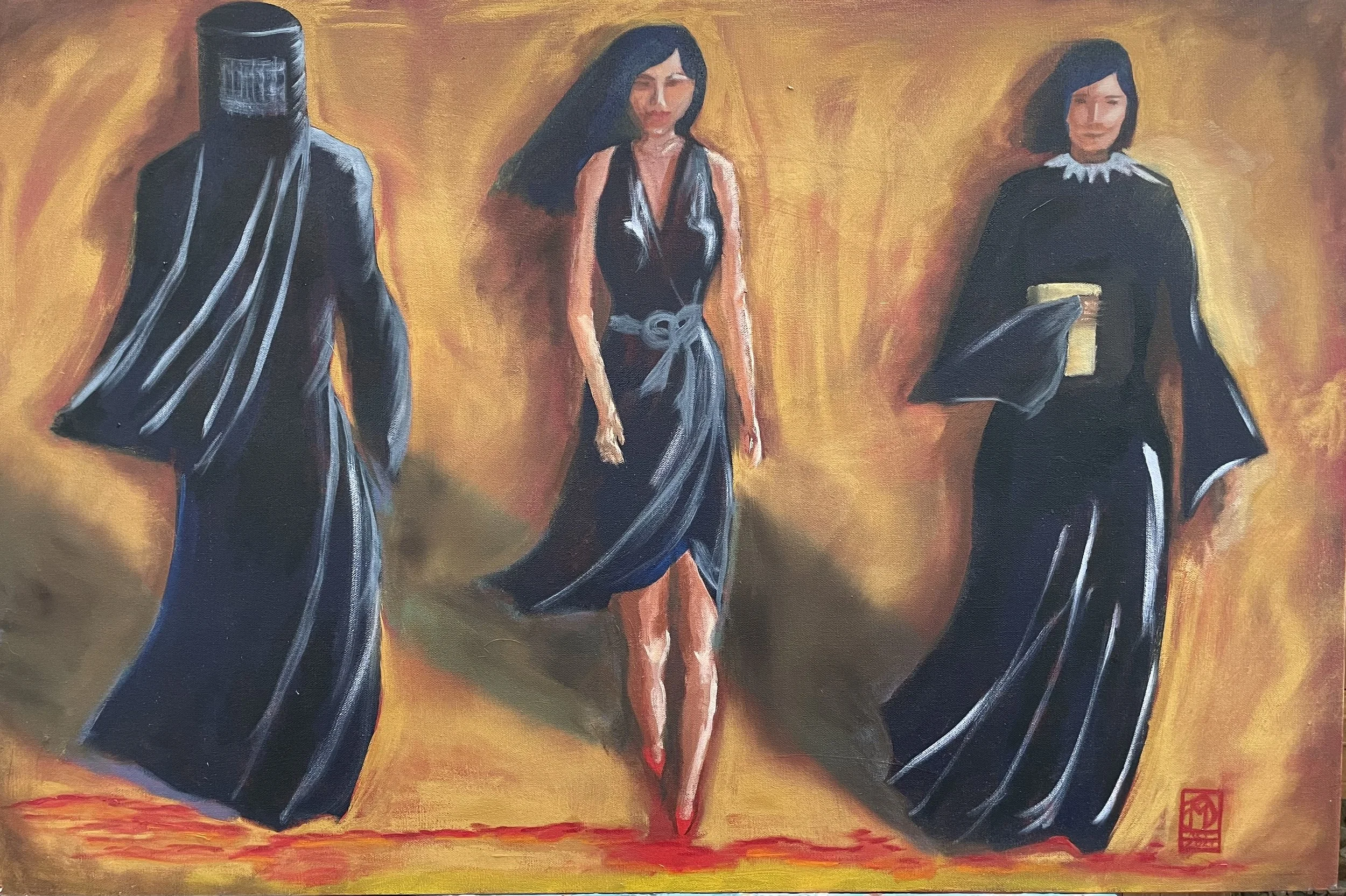 "Women in Black" A painting of three women conveying very different types of power. The woman on the left wears a burka, in the center a little black dress, and on the left supreme court justice robes.