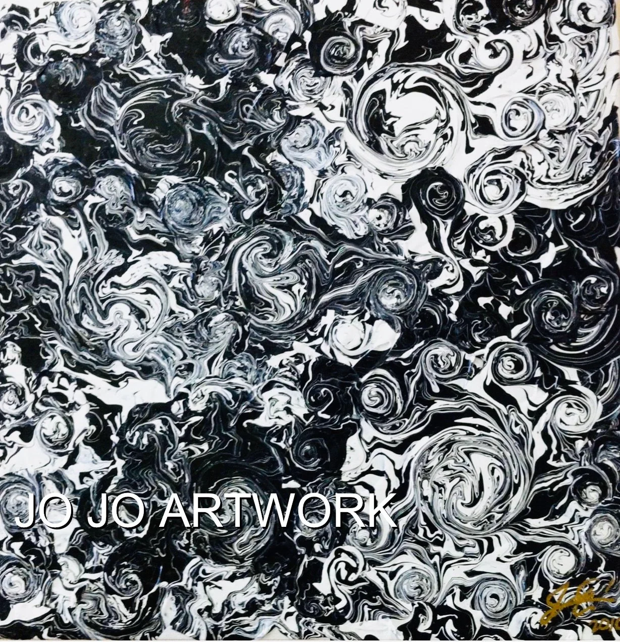 Abstract black and white swirl pattern with the text 'JO JO ARTWORK' overlayed.