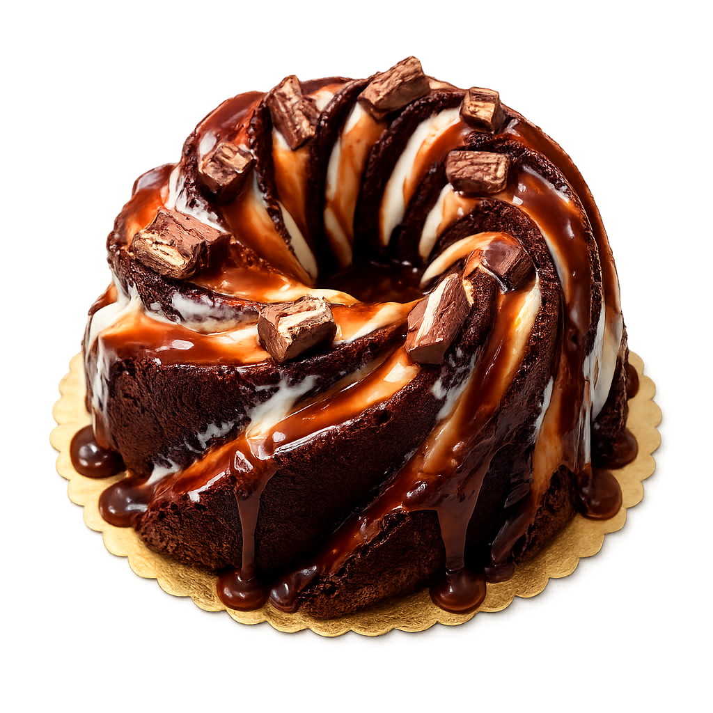 Chocolate cake with swirls of caramel and white frosting, topped with chunks of chocolate, on a gold scalloped base.