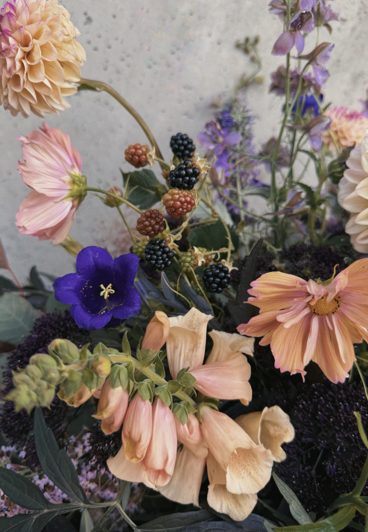 Sympathy floral arrangement with blackberries, cosmos, foxglove, and salpiglossis.