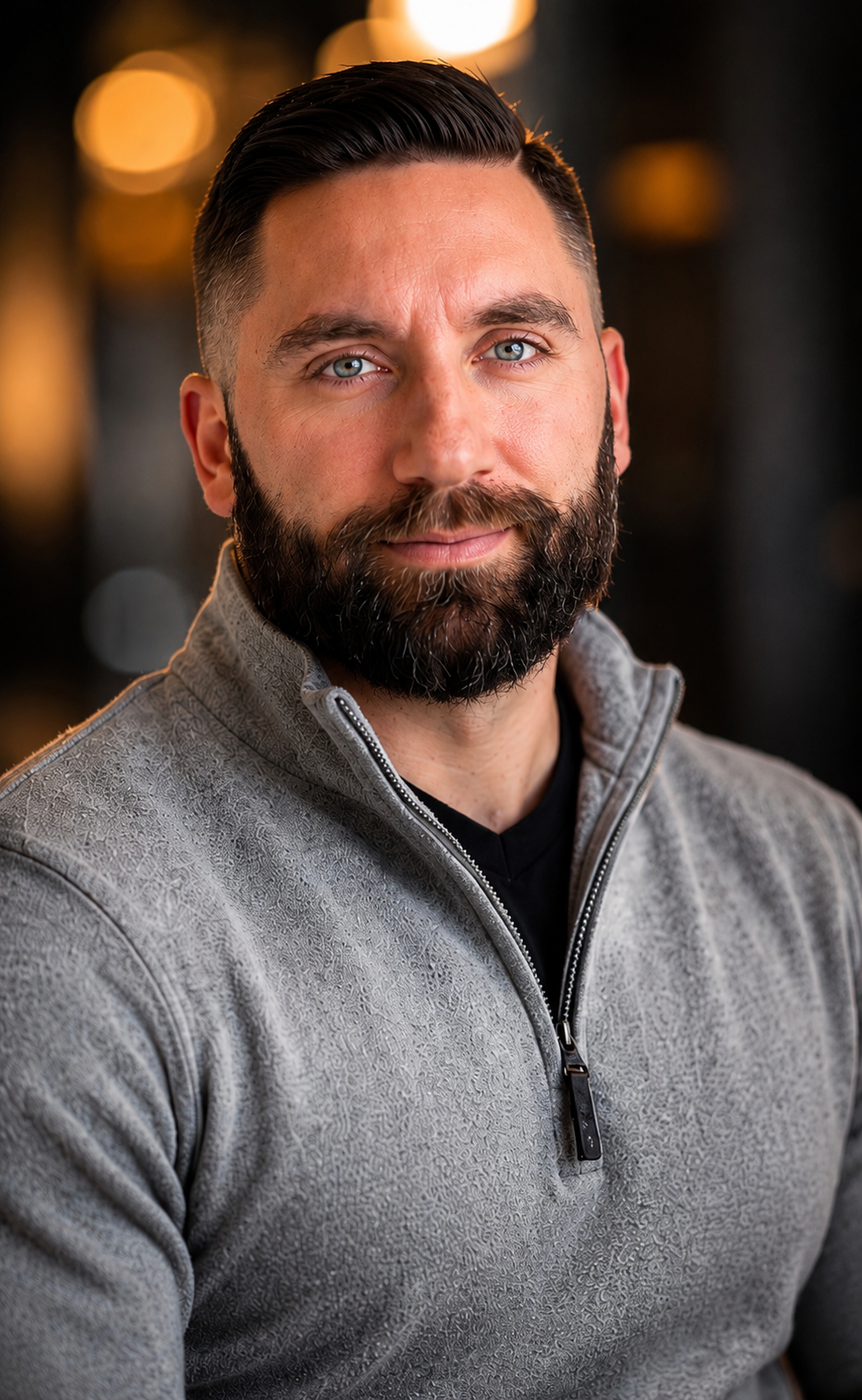A man with blue eyes and a well-groomed beard and dark hair, wearing a light gray zip-up sweater, looking at the camera with a soft smile. Blurred warm lights are visible in the background.